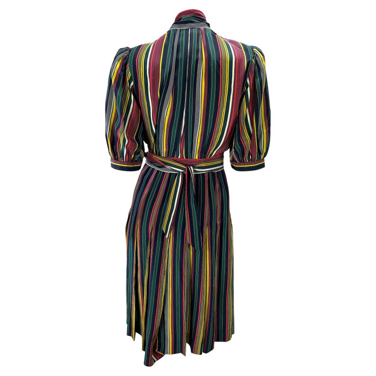 1980s Saint Laurent Rive Gauche Multicolor Stripe Silk Pleated Flare Dress In Good Condition For Sale In Philadelphia, PA