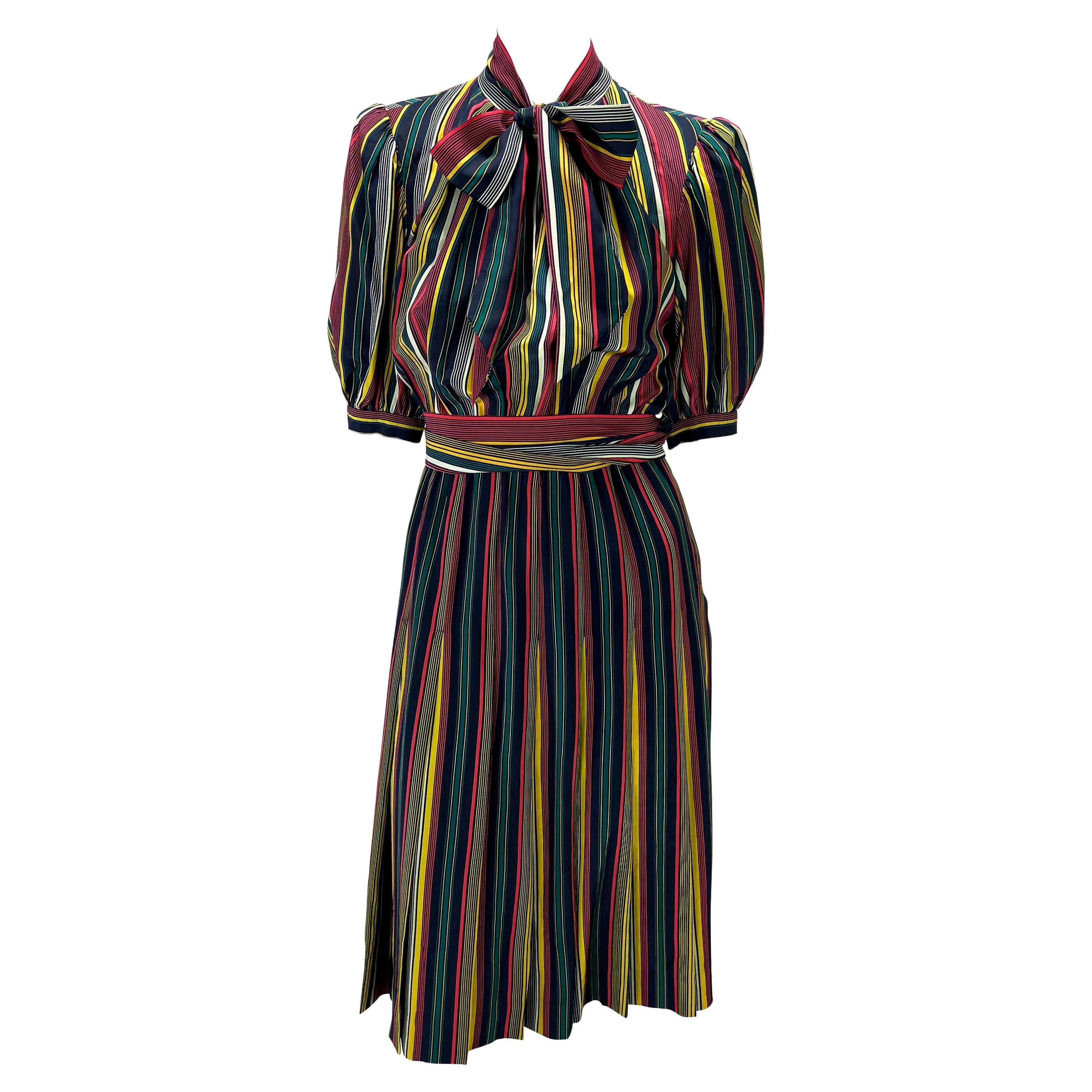 1980s Saint Laurent Rive Gauche Multicolor Stripe Silk Pleated Flare Dress