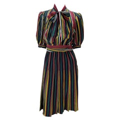 1980s Saint Laurent Rive Gauche Multicolor Stripe Silk Pleated Flare Dress