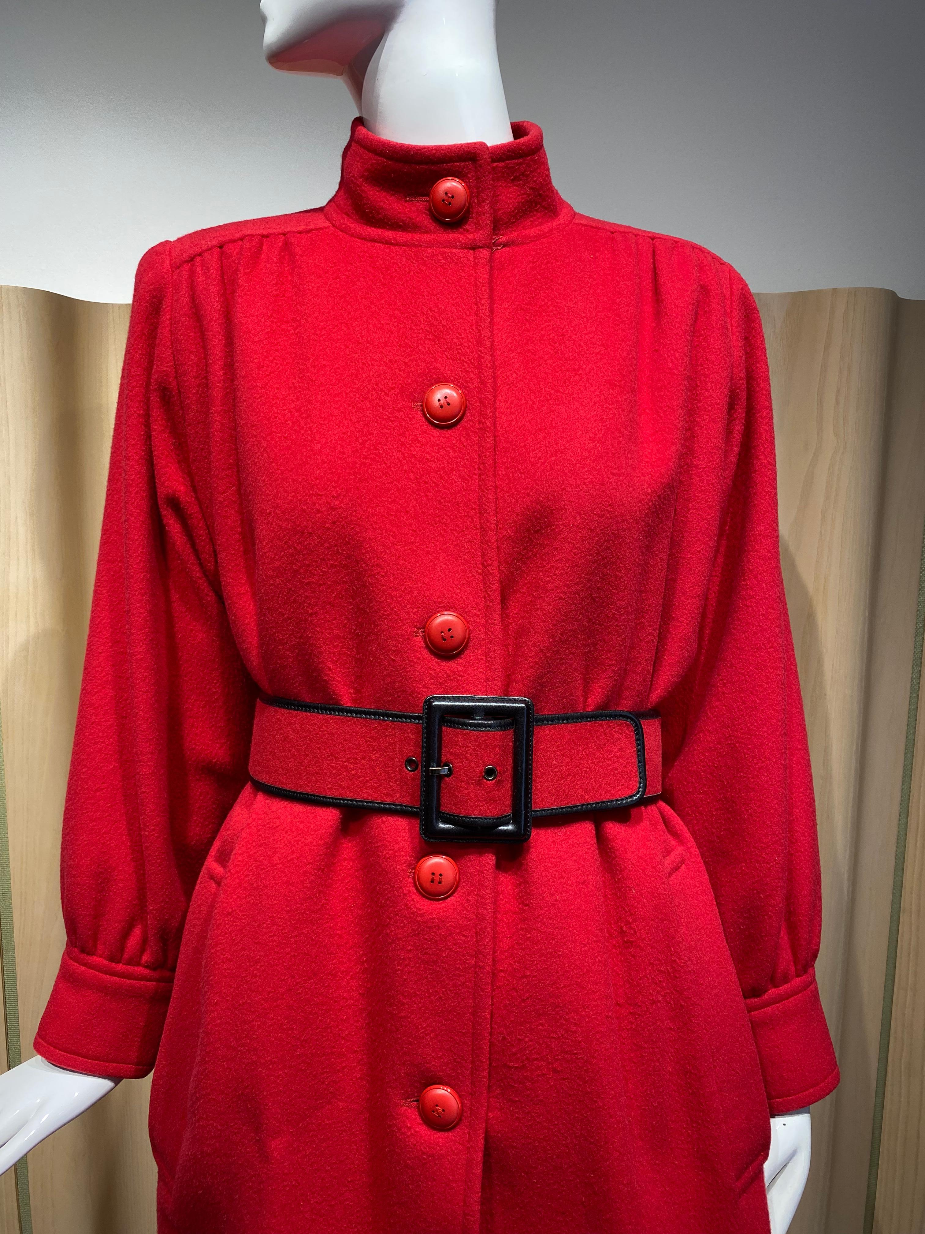 1980s SAINT LAURENT RIVE GAUCHE RED WOOL COAT In Good Condition For Sale In Beverly Hills, CA