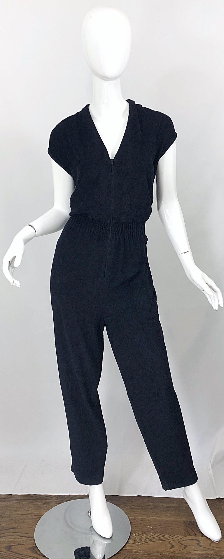 1980s Saks 5th Avenue Black Terrycloth Short Cap Sleeve Vintage