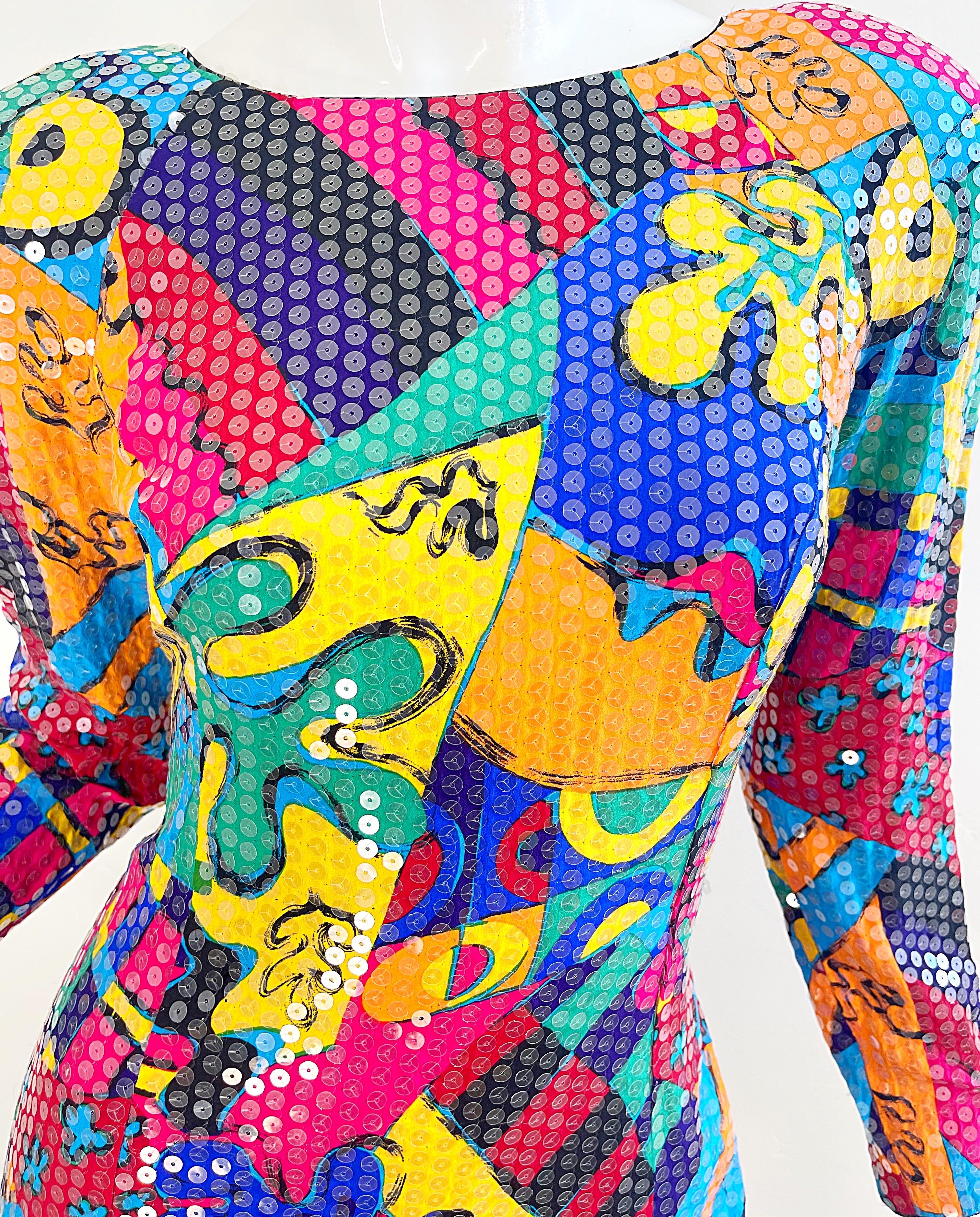 1980s Saks 5th Avenue Size 6 /8 Fully Sequined Colorful Graffiti Print 80s Dress For Sale 6