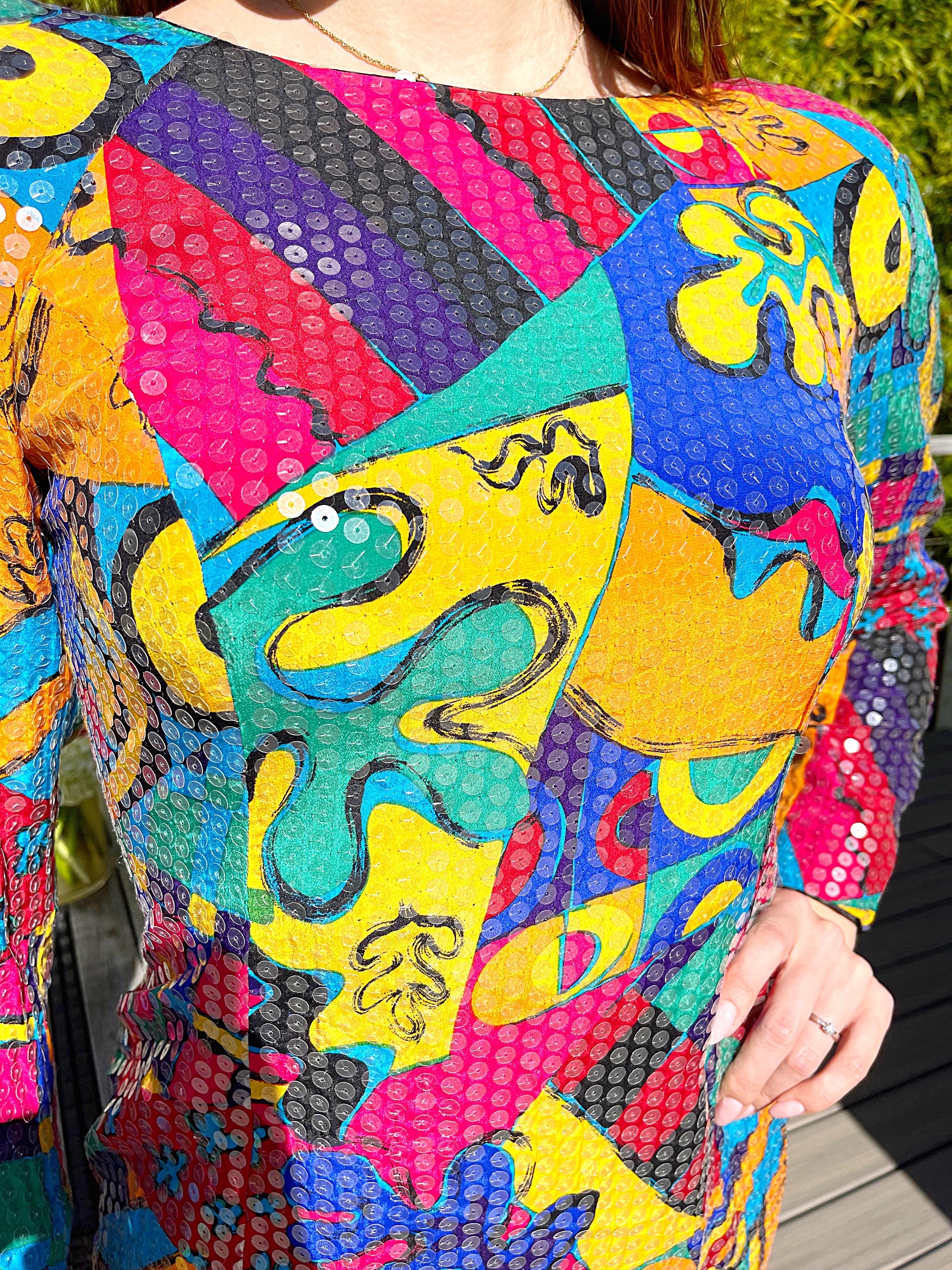 1980s Saks 5th Avenue Size 6 /8 Fully Sequined Colorful Graffiti Print 80s Dress For Sale 8