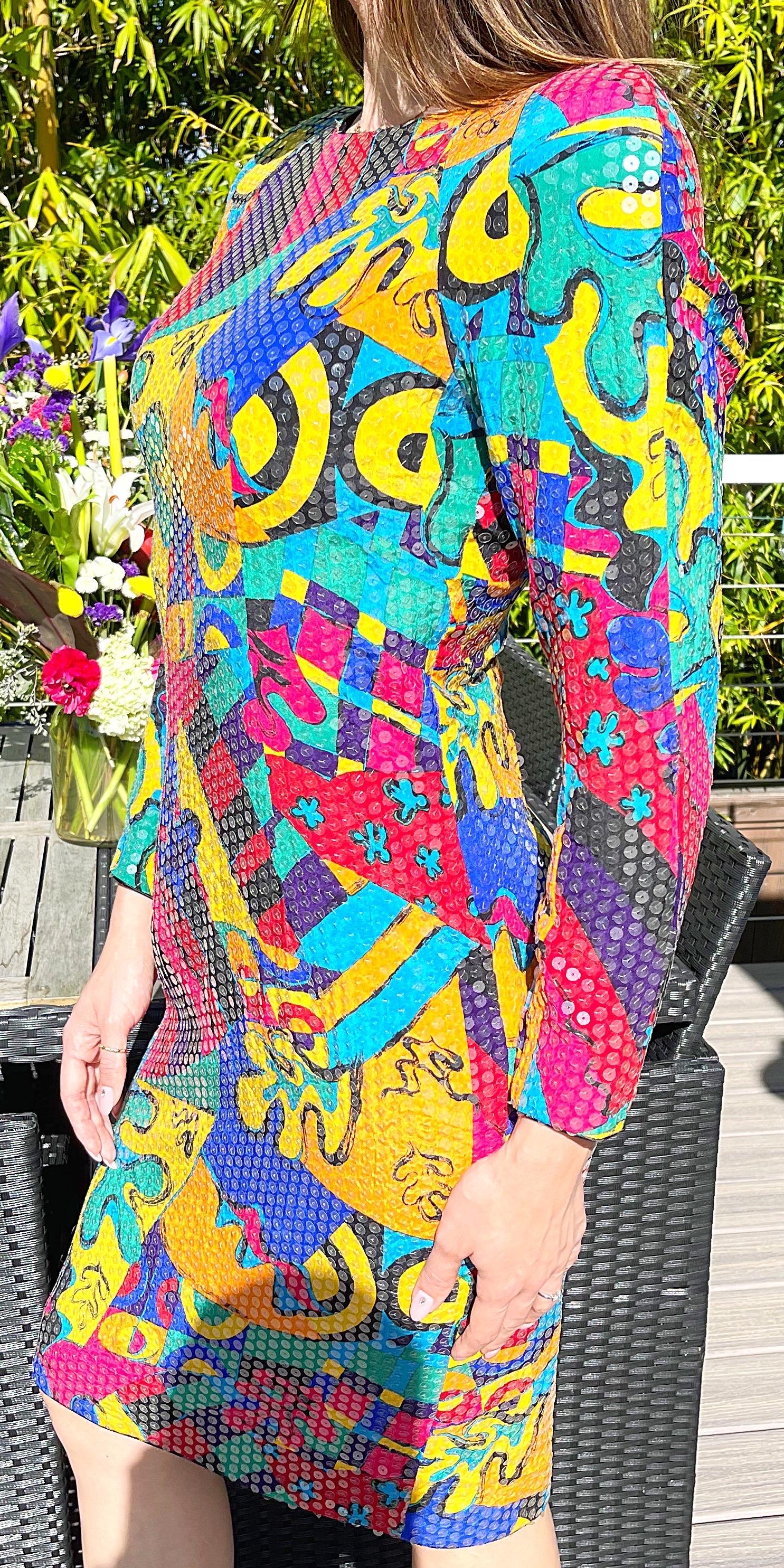 1980s Saks 5th Avenue Size 6 /8 Fully Sequined Colorful Graffiti Print 80s Dress For Sale 11
