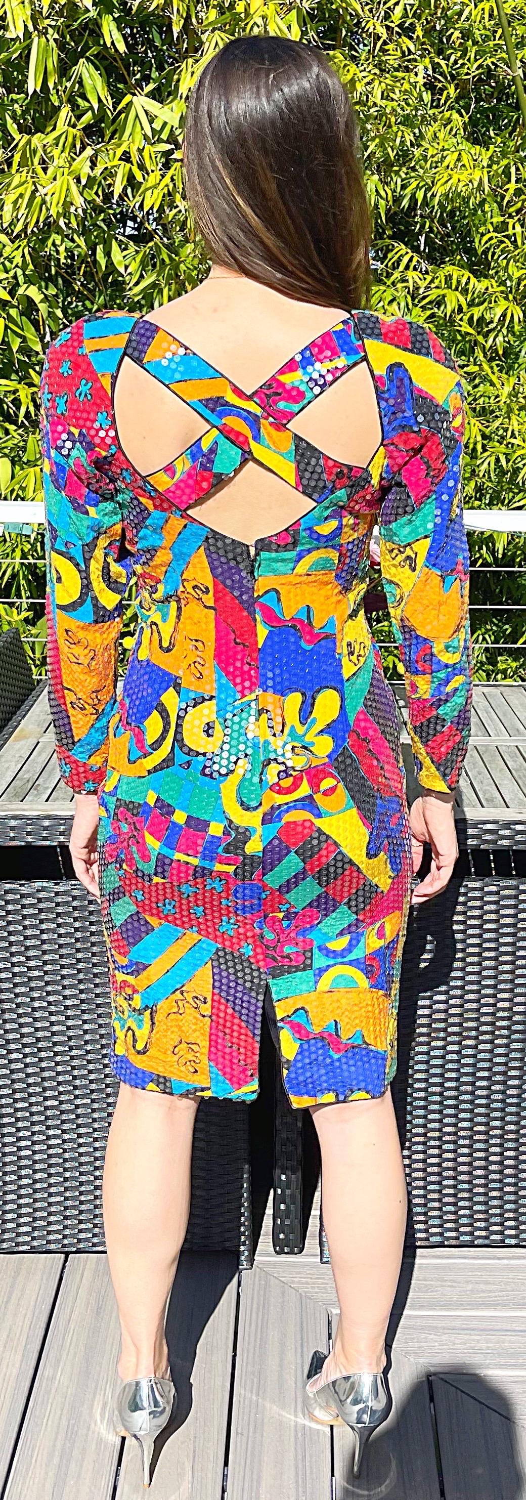 1980s Saks 5th Avenue Size 6 /8 Fully Sequined Colorful Graffiti Print 80s Dress For Sale 13