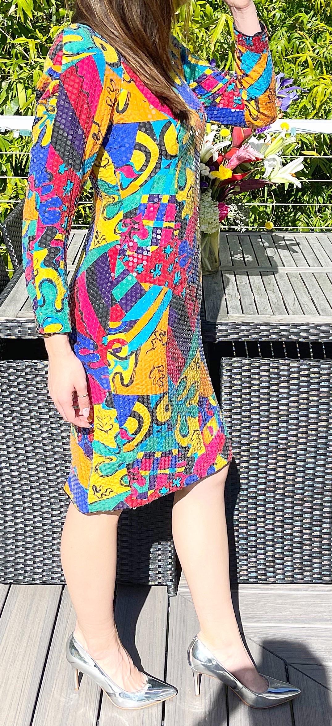 1980s Saks 5th Avenue Size 6 /8 Fully Sequined Colorful Graffiti Print 80s Dress For Sale 3