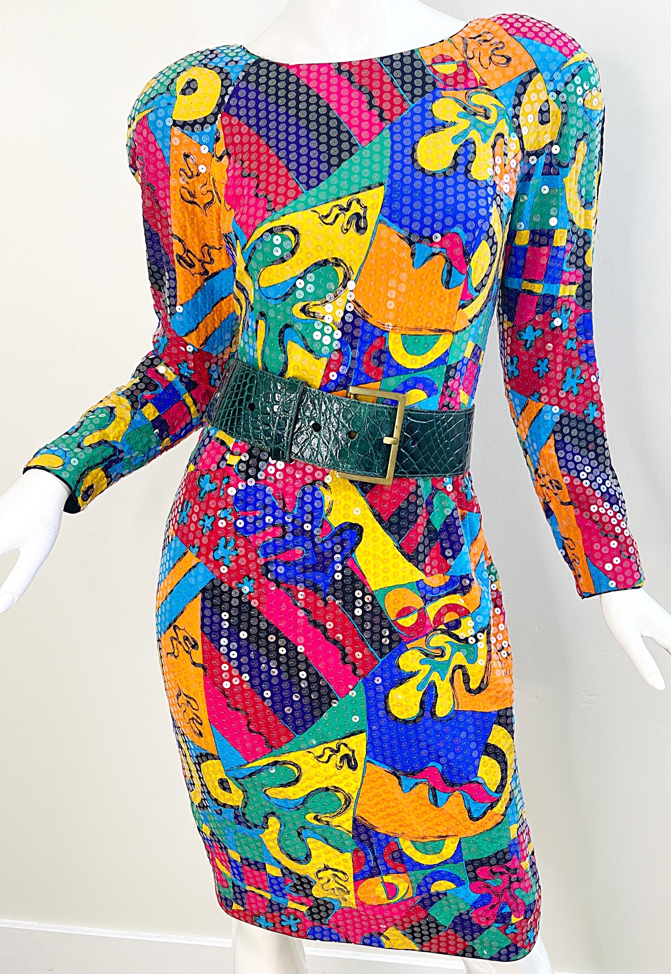 1980er Saks 5th Avenue Größe 6 /8 Vollständig Paillettenbesetztes Kleid mit buntem Graffiti-Druck 80er Jahre im Angebot 4