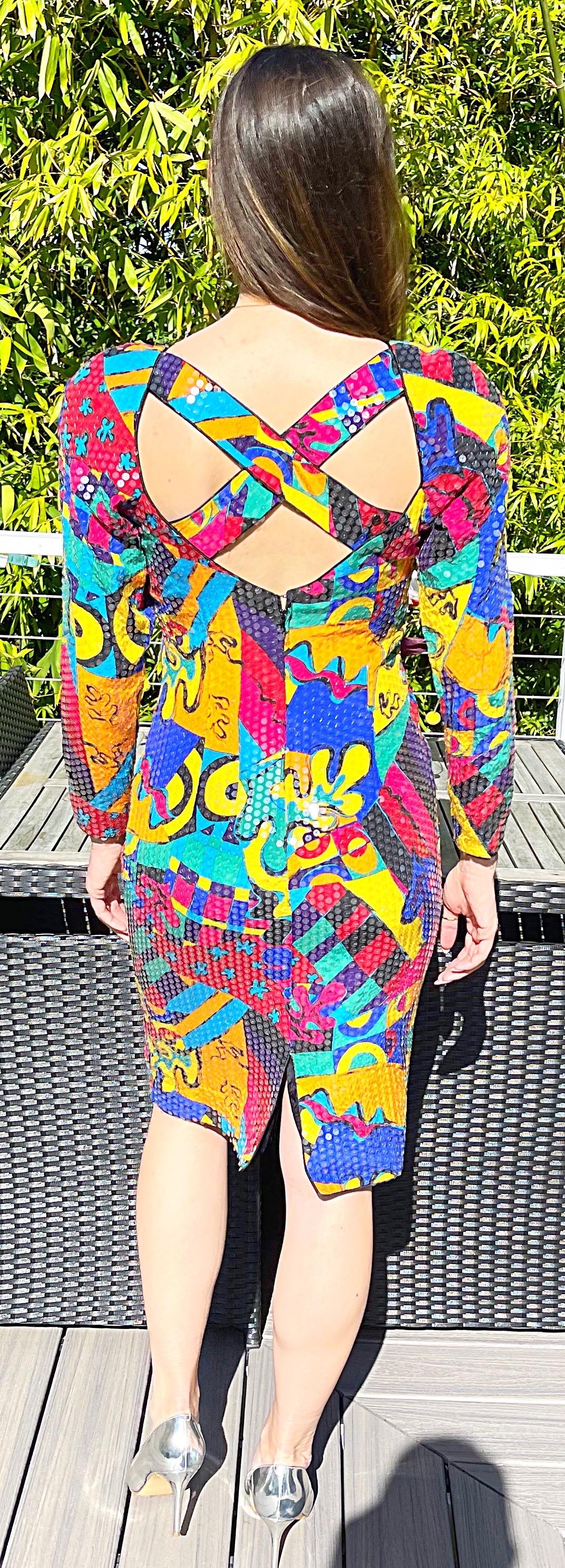 1980s Saks 5th Avenue Size 6 /8 Fully Sequined Colorful Graffiti Print 80s Dress For Sale 5