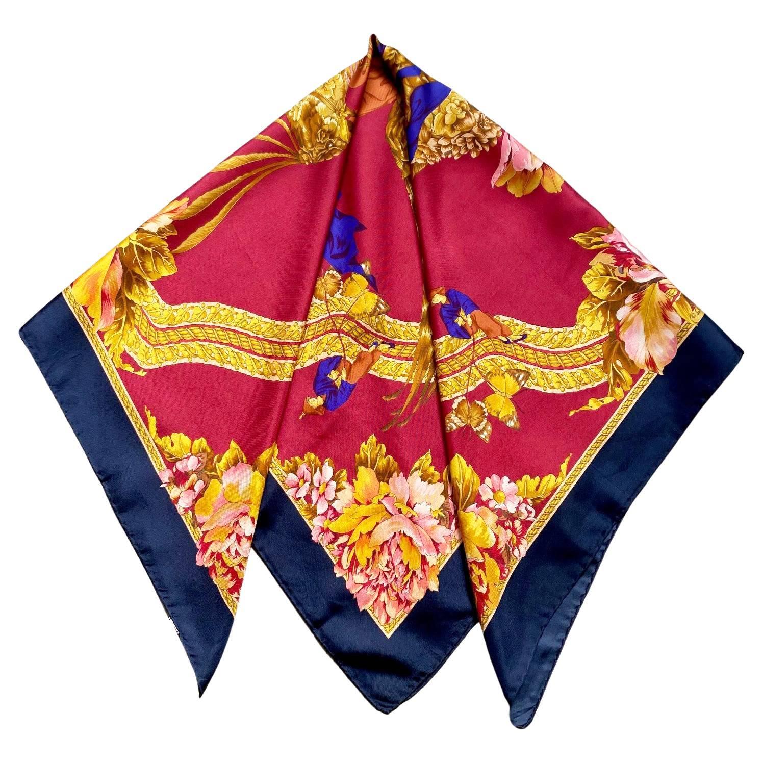 Red 1980s Salvatore Ferragamo Chinese  Silk Babushka Scarf  For Sale