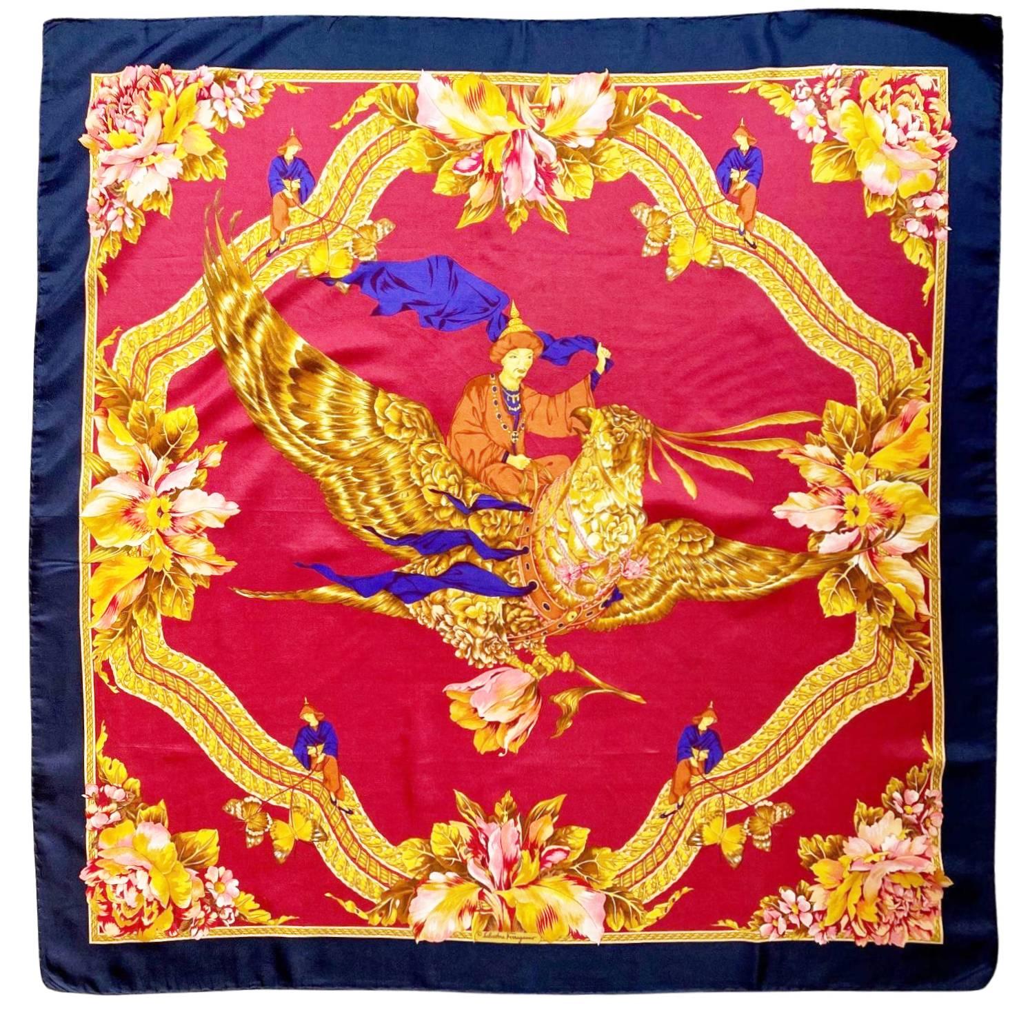 Women's or Men's 1980s Salvatore Ferragamo Chinese  Silk Babushka Scarf  For Sale
