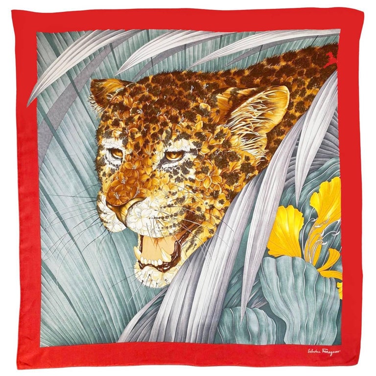 1980s Salvatore Ferragamo Leopard Jungle Silk Scarf For Sale at 1stDibs