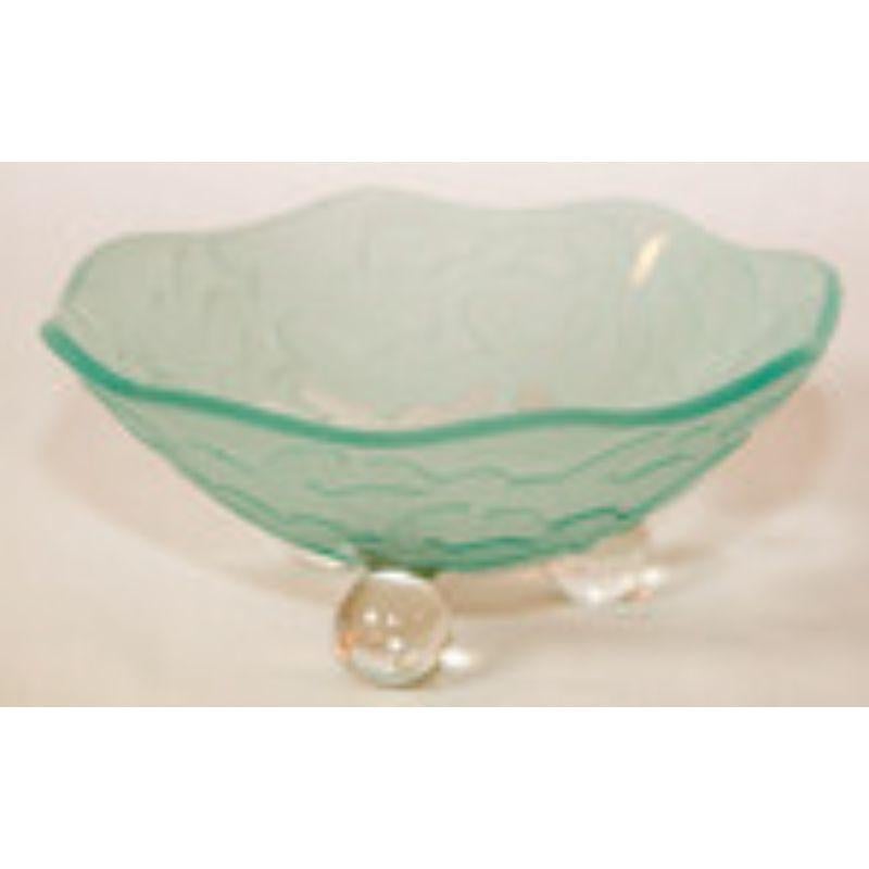 1980s Molded Art Etched Glass Wave Footed Bowl Signed by the listed glass artist SALVATORE POLIZZI.
One of a kind light aqua blue etched Art Glass footed bowl made in Los Angeles Ca 1980s.
Molded frosted art etched glass bowl, Art Deco style