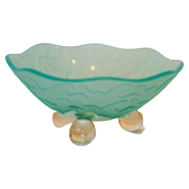 1980s SALVATORE POLIZZI Molded Art Etched Glass Wave Footed Bowl Signed For Sale
