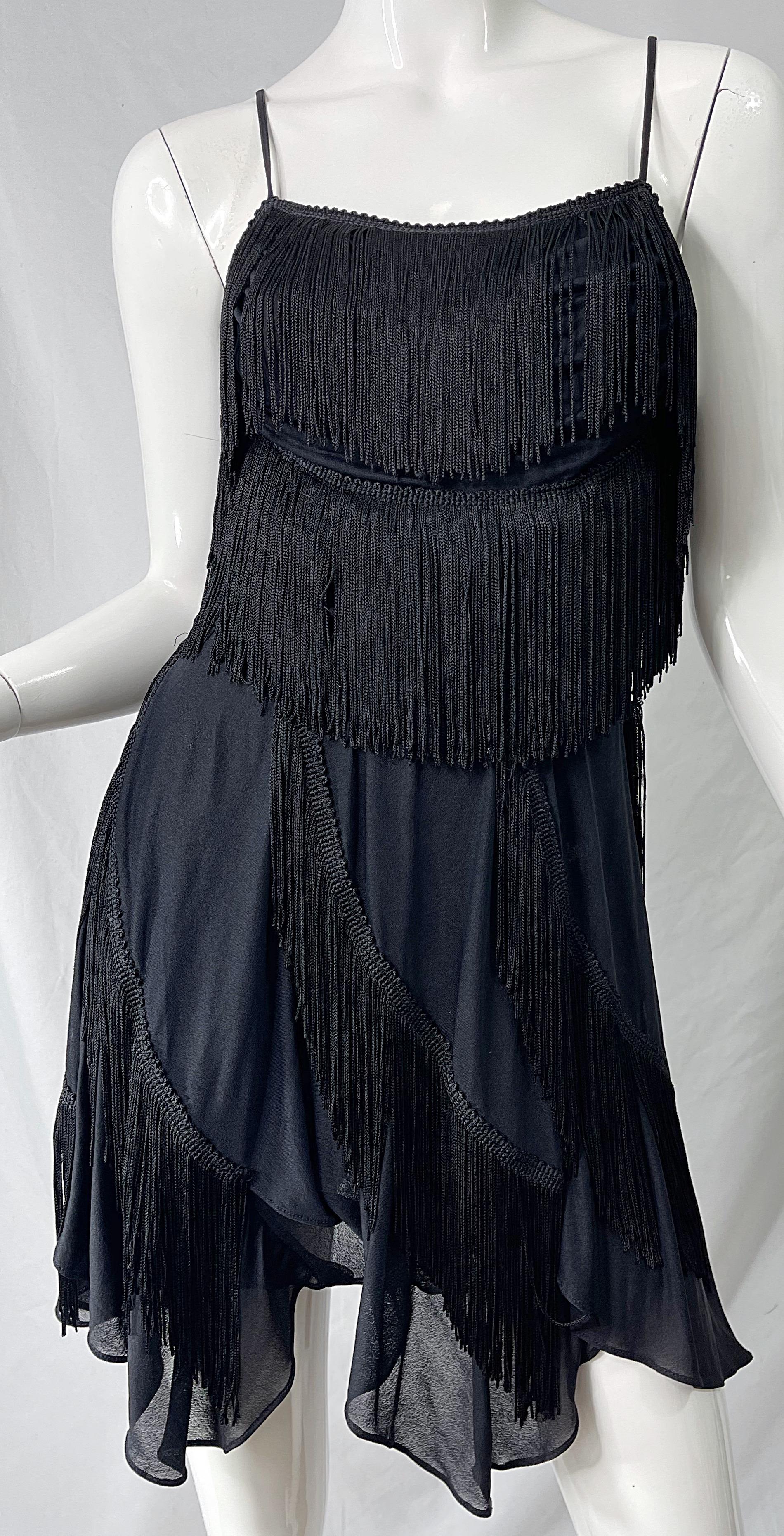 1980s Samir Black Jersey Fringe Handkerchief Hem Vintage 80s Flapper Mini Dress For Sale 5