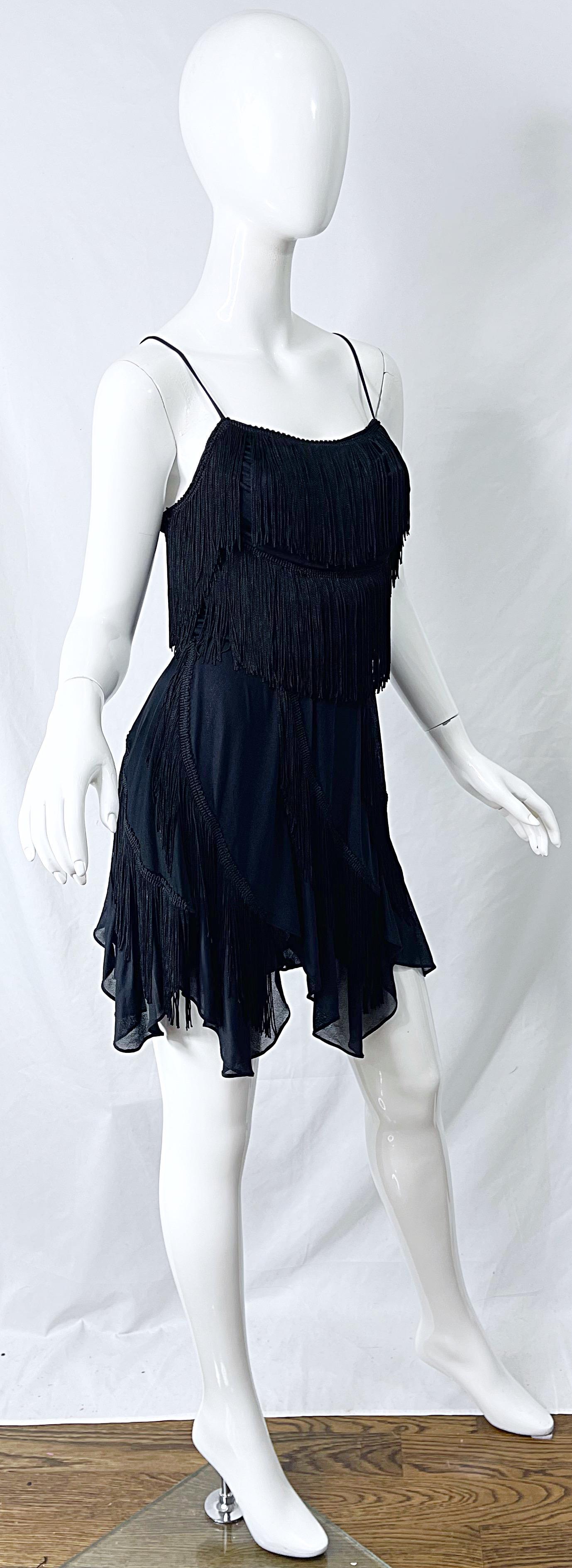 1980s Samir Black Jersey Fringe Handkerchief Hem Vintage 80s Flapper Mini Dress For Sale 6