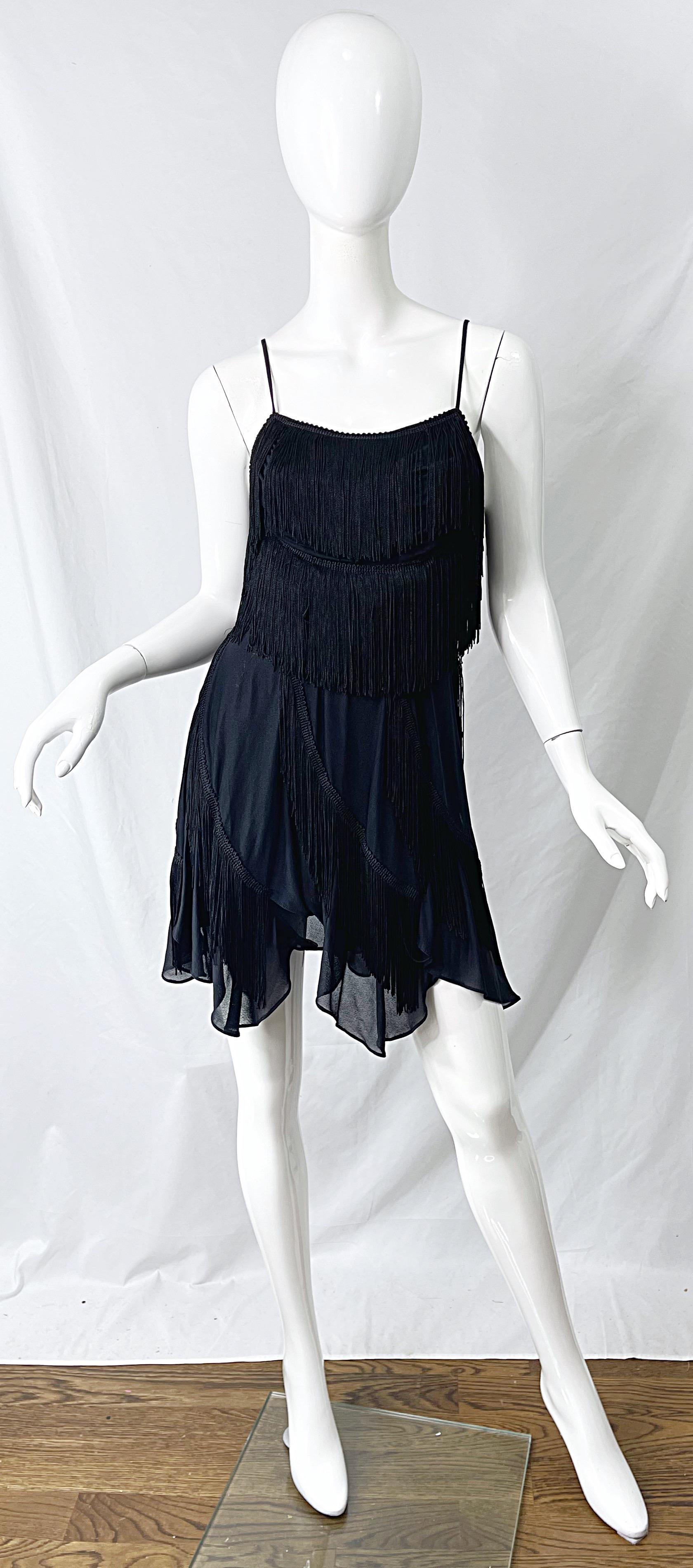 Mini abito Flapper anni '80 Samir Black Jersey Fringe Handkerchief Hem Vintage 80s in vendita 8