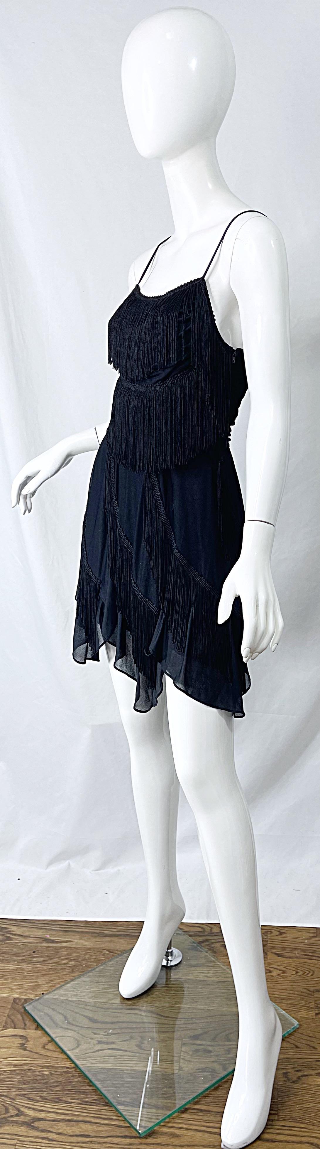 1980s Samir Black Jersey Fringe Handkerchief Hem Vintage 80s Flapper Mini Dress In Excellent Condition For Sale In San Diego, CA