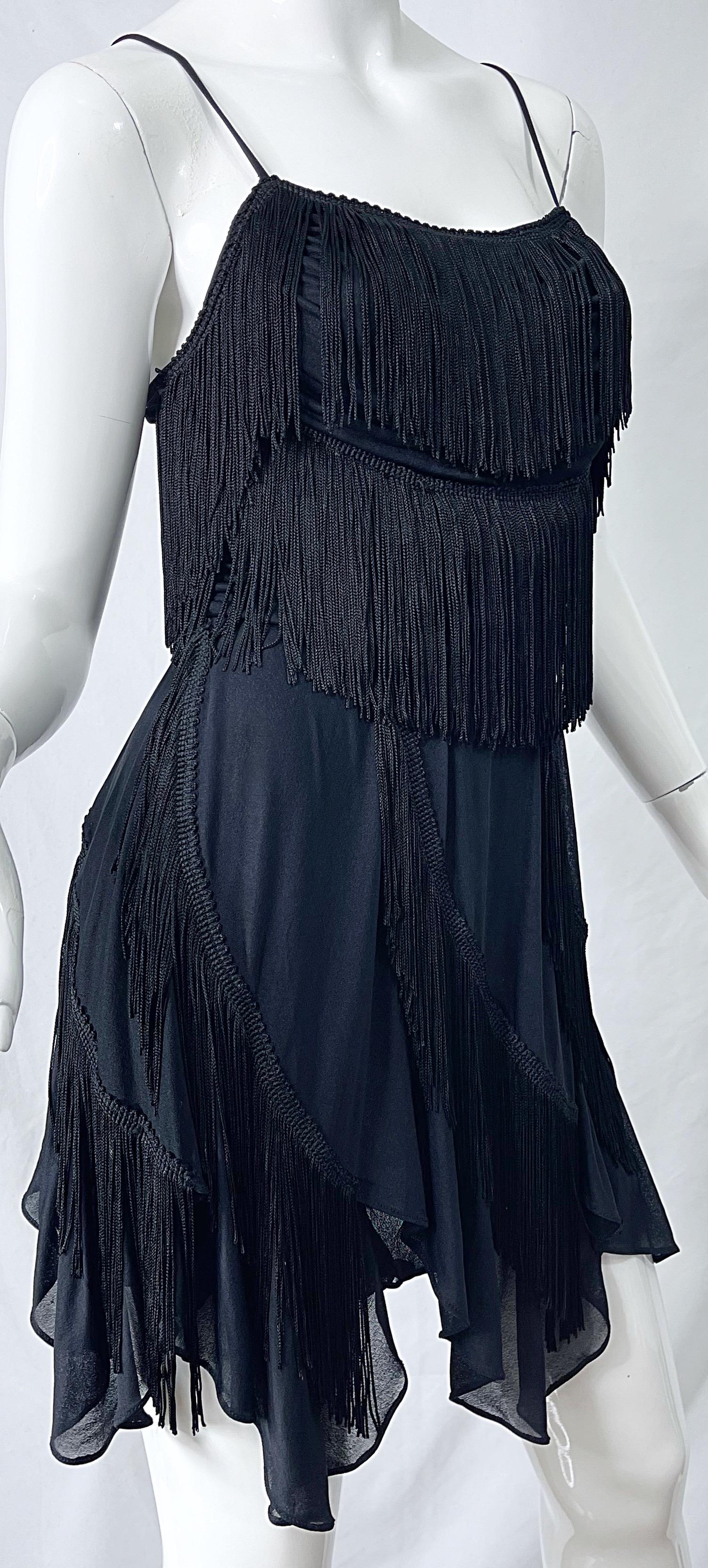 Women's 1980s Samir Black Jersey Fringe Handkerchief Hem Vintage 80s Flapper Mini Dress For Sale