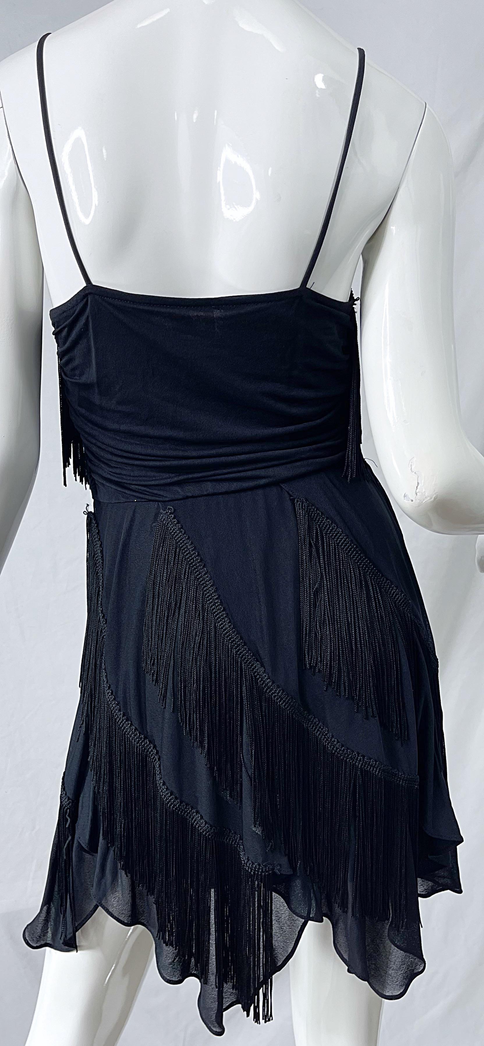 1980s Samir Black Jersey Fringe Handkerchief Hem Vintage 80s Flapper Mini Dress For Sale 1