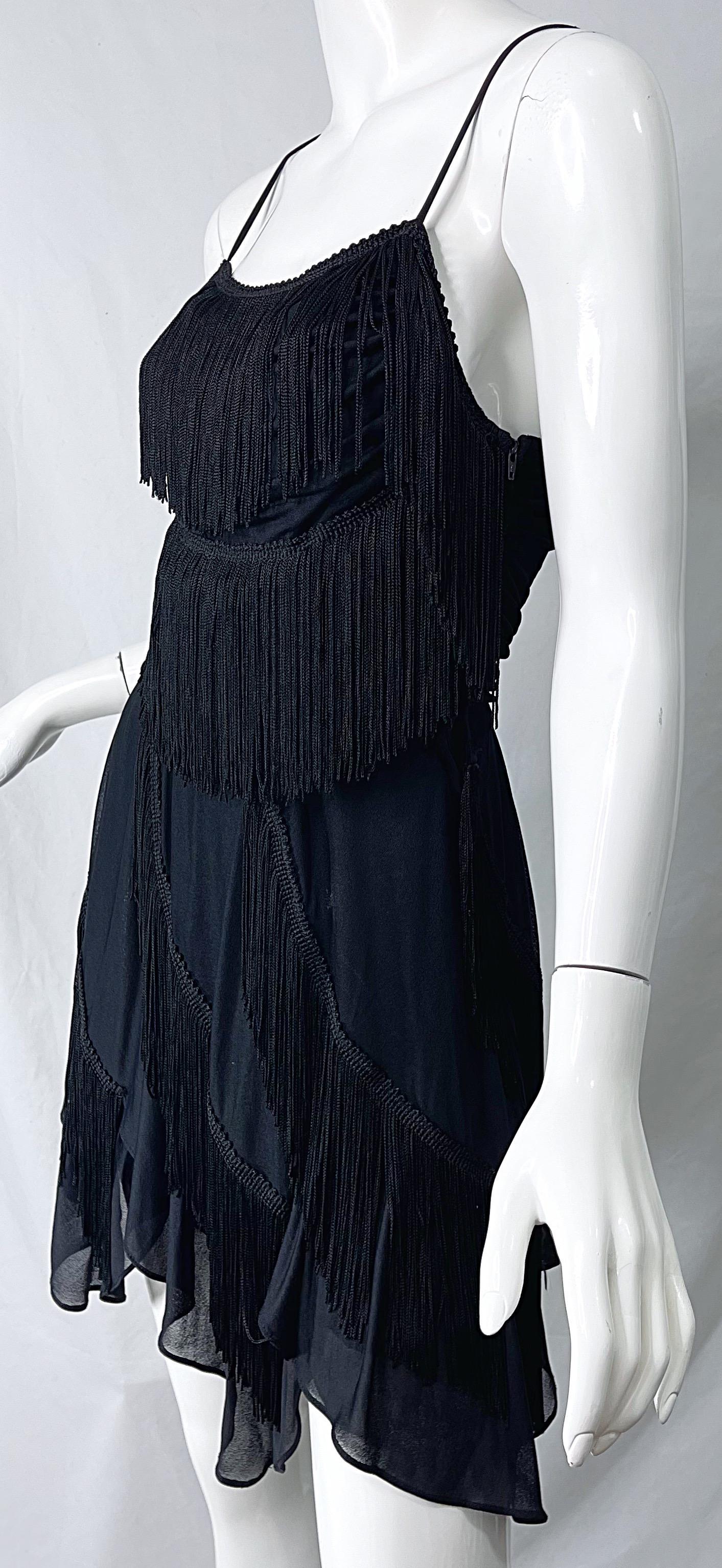 1980s Samir Black Jersey Fringe Handkerchief Hem Vintage 80s Flapper Mini Dress For Sale 2
