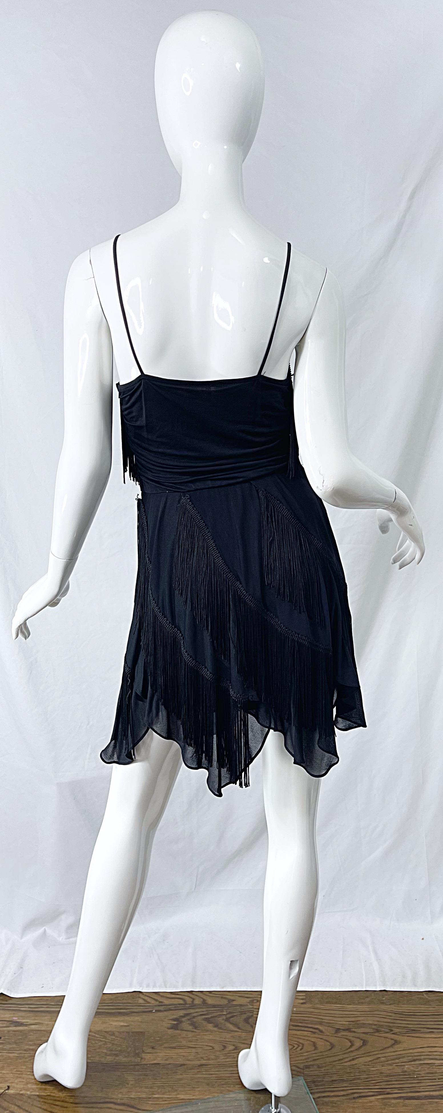 1980s Samir Black Jersey Fringe Handkerchief Hem Vintage 80s Flapper Mini Dress For Sale 3