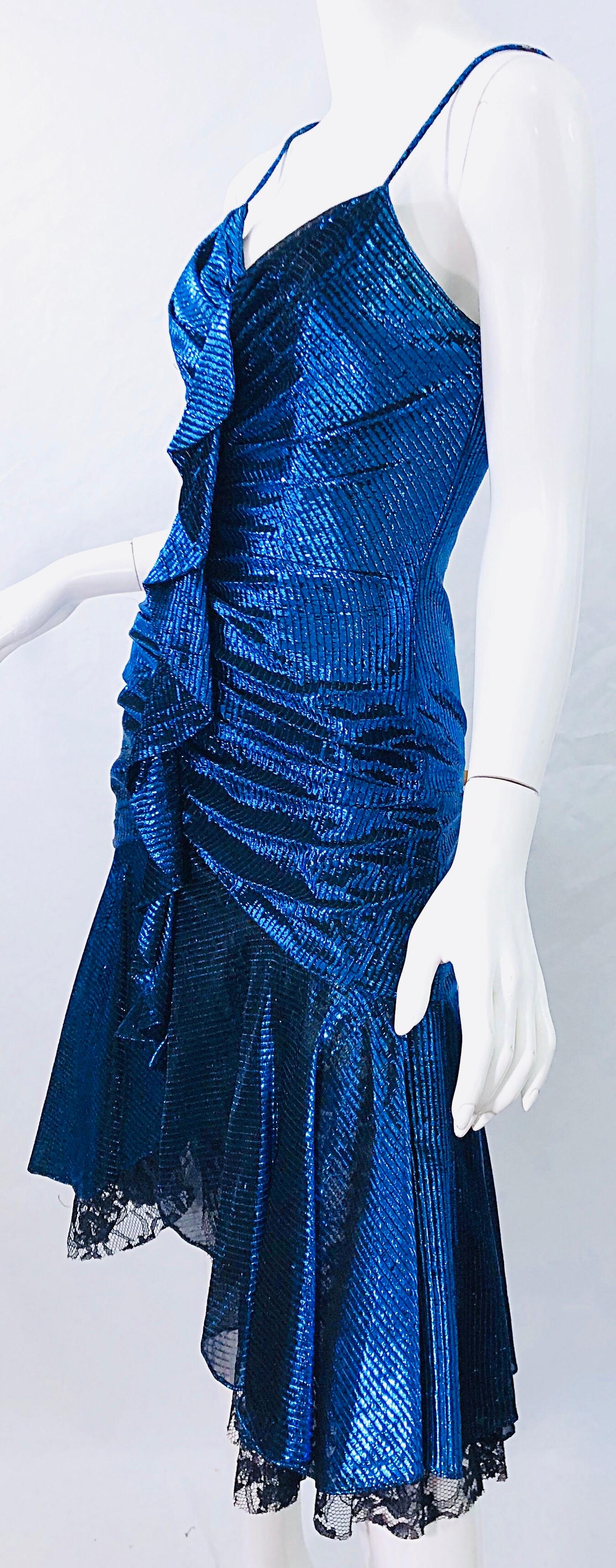 1980s Samir Electric Blue Lurex + Black Lace Handkerchief Hem Vintage 80s Dress For Sale 2