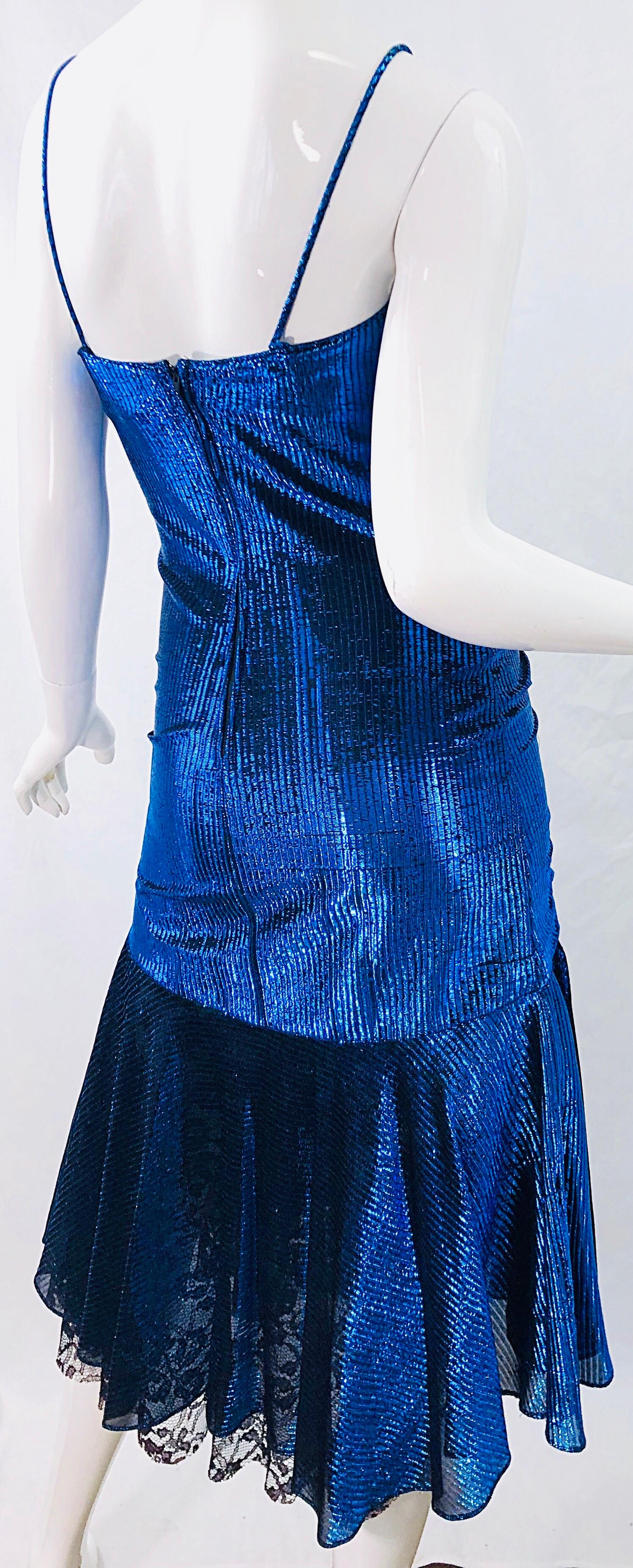 1980s Samir Electric Blue Lurex + Black Lace Handkerchief Hem Vintage 80s Dress For Sale 3