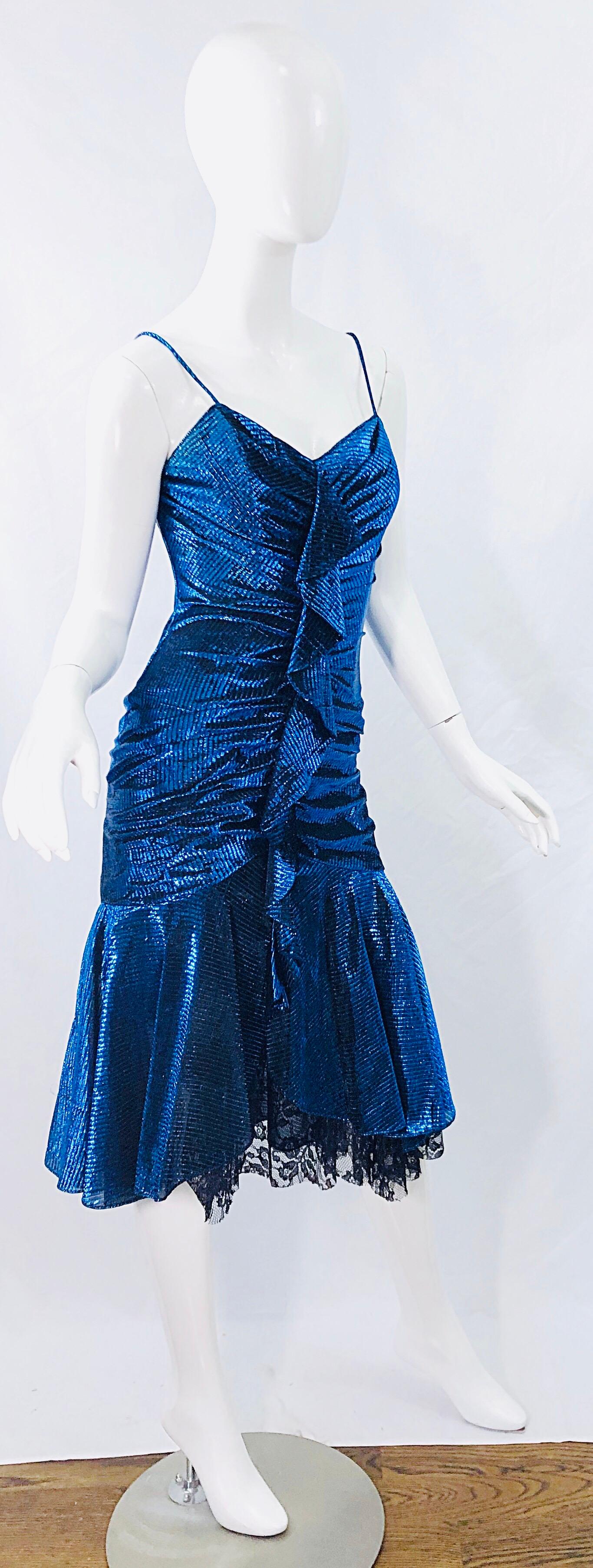 1980s Samir Electric Blue Lurex + Black Lace Handkerchief Hem Vintage 80s Dress For Sale 4
