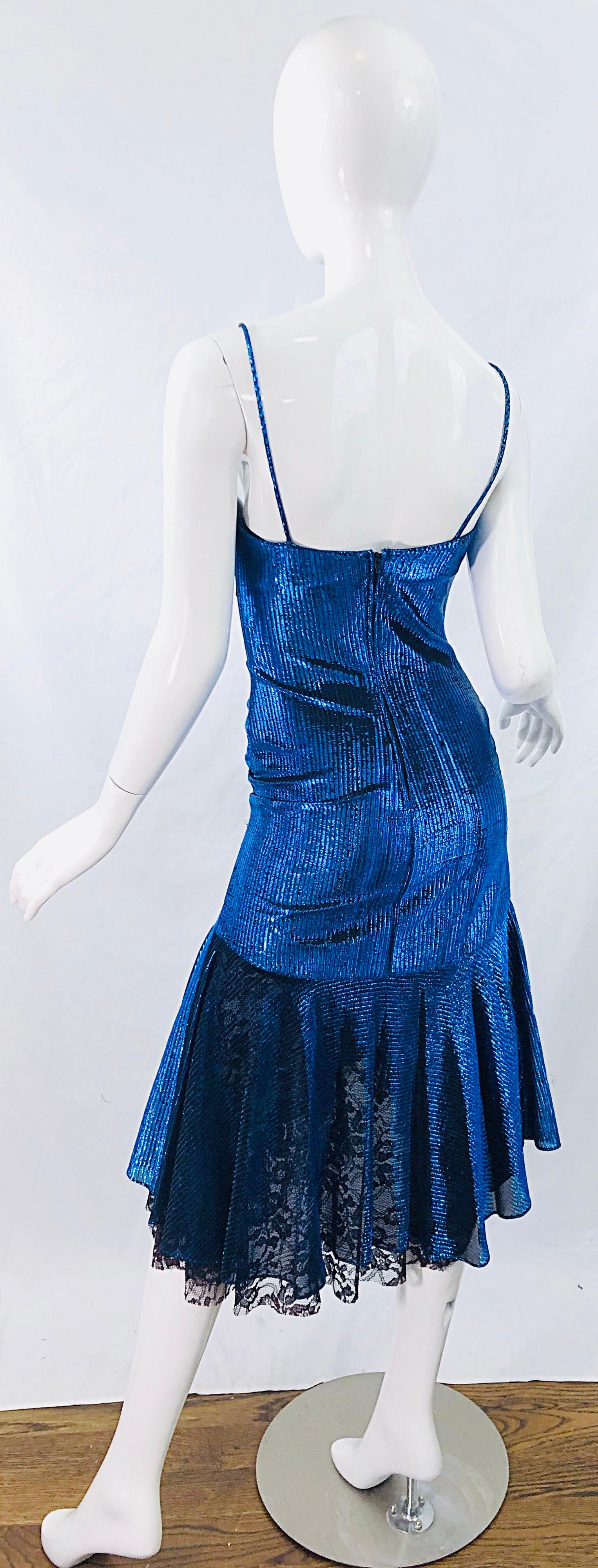 1980s Samir Electric Blue Lurex + Black Lace Handkerchief Hem Vintage 80s Dress For Sale 5