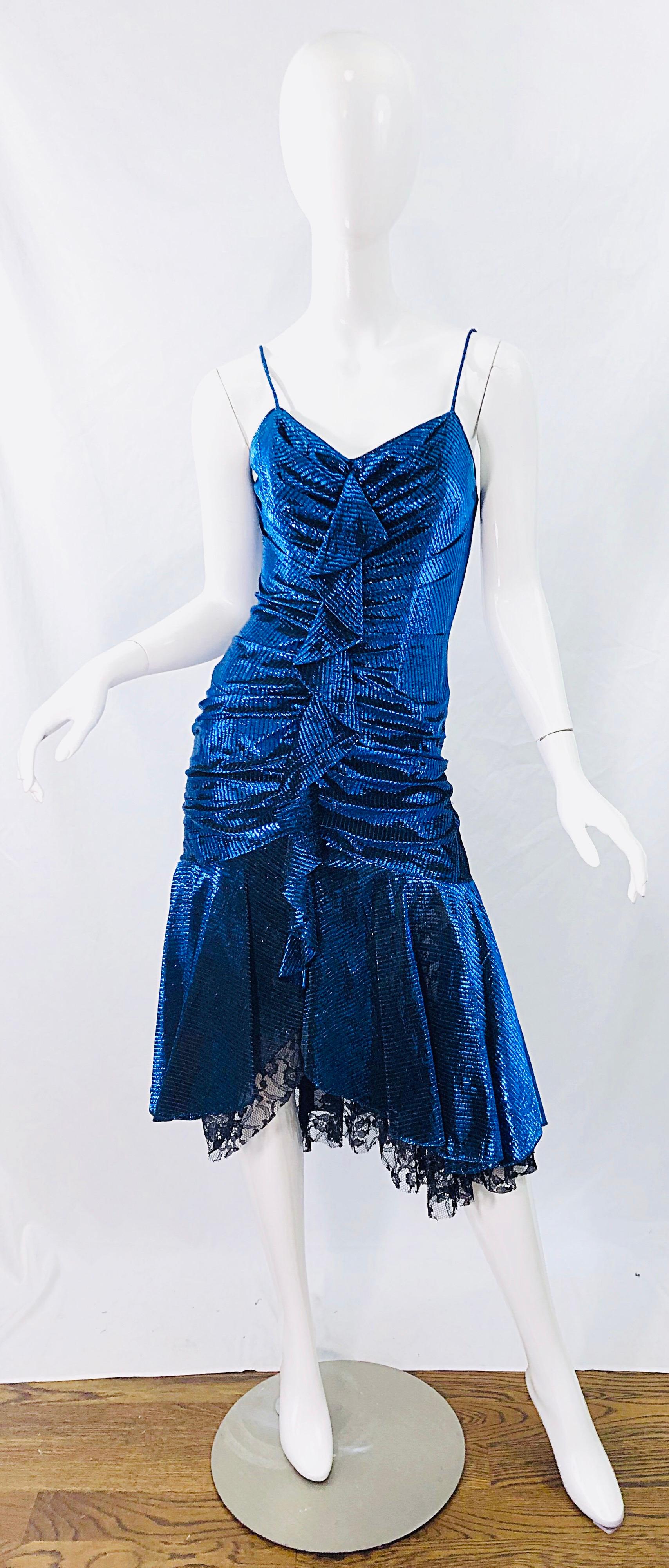 1980s Samir Electric Blue Lurex + Black Lace Handkerchief Hem Vintage 80s Dress For Sale 6