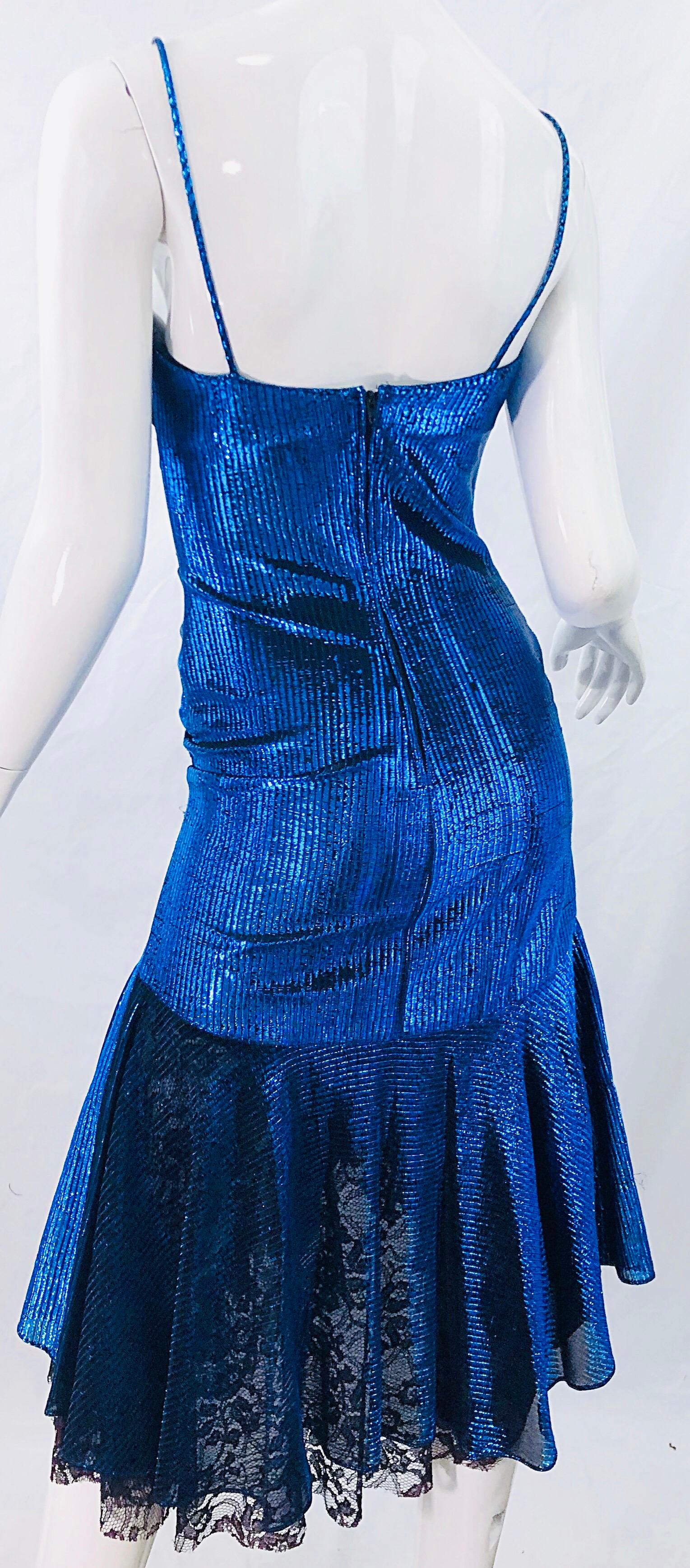Women's 1980s Samir Electric Blue Lurex + Black Lace Handkerchief Hem Vintage 80s Dress For Sale