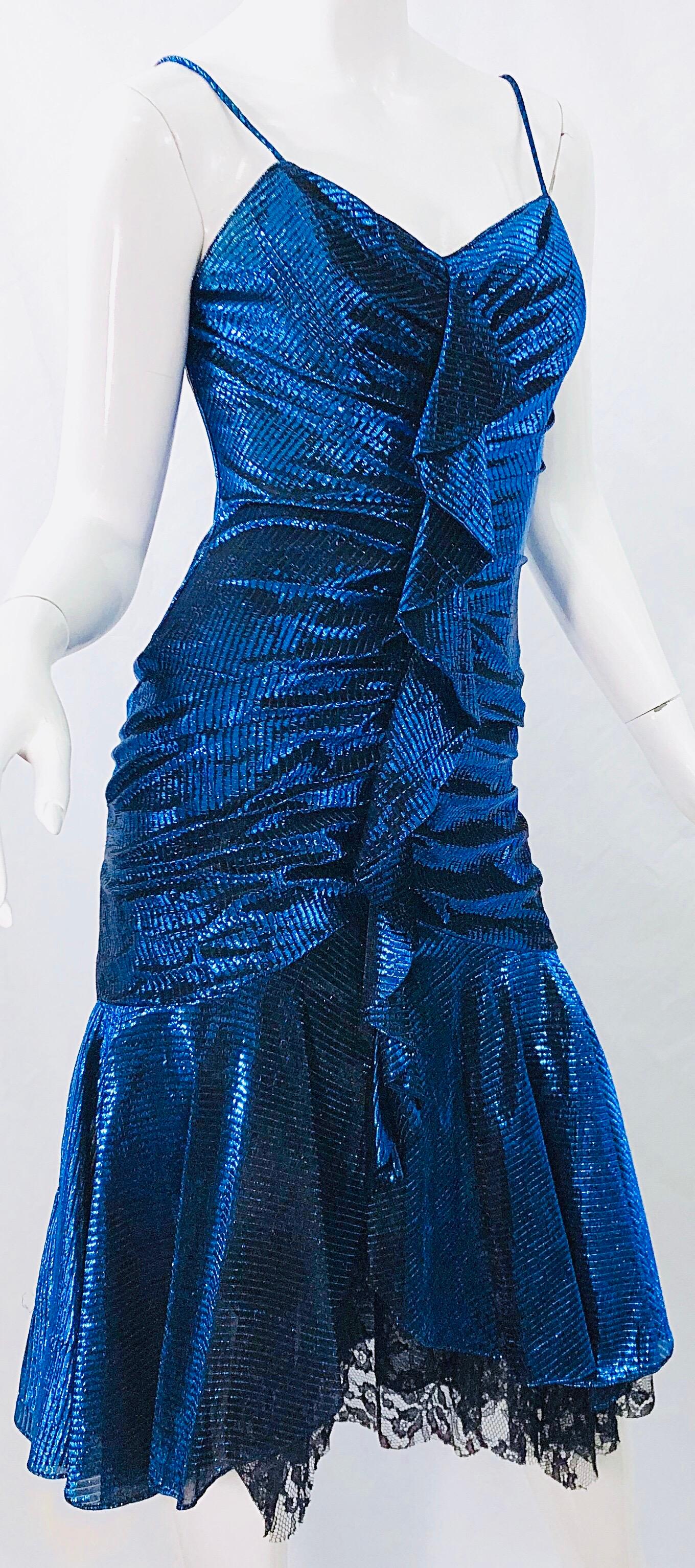 1980s Samir Electric Blue Lurex + Black Lace Handkerchief Hem Vintage 80s Dress For Sale 1