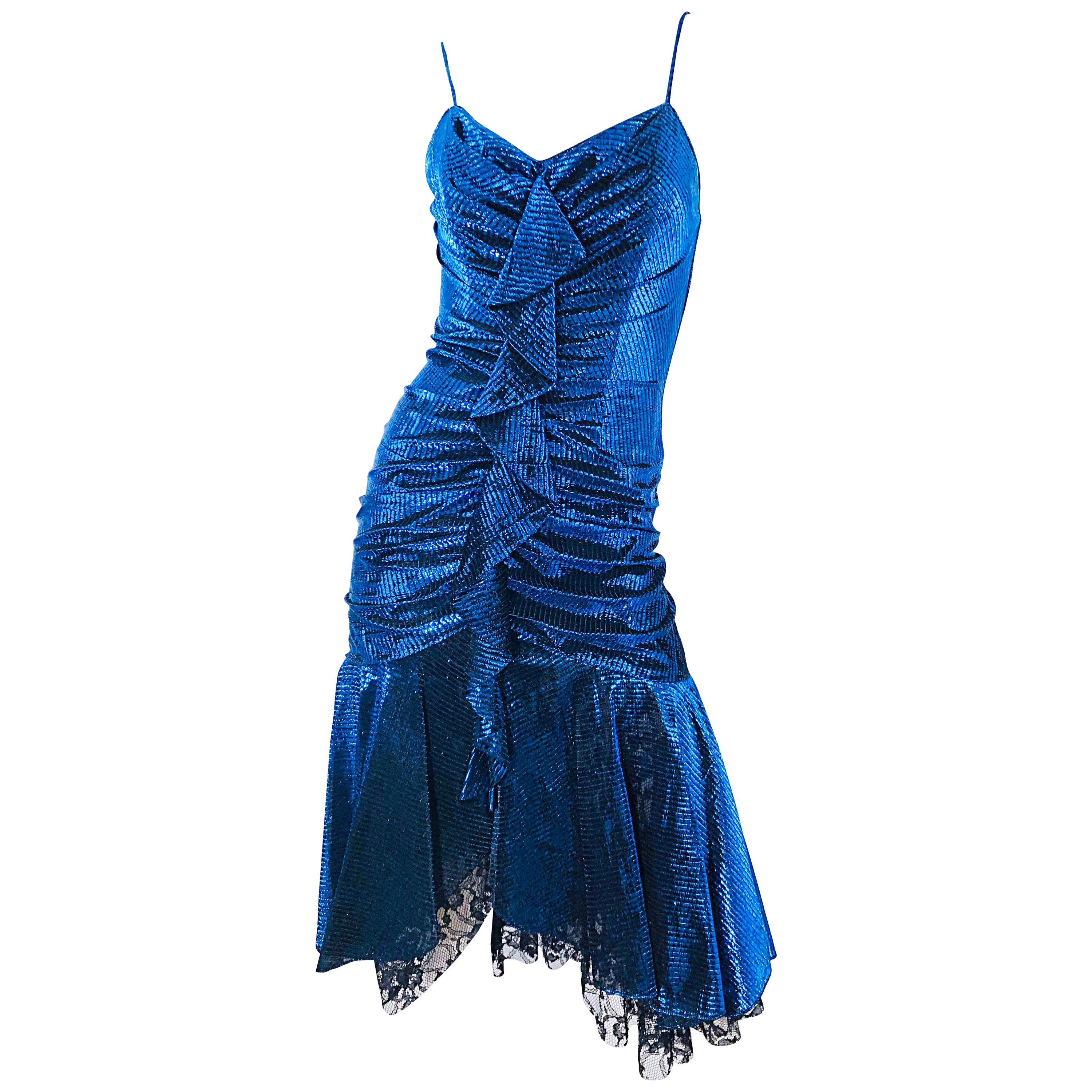 1980s Samir Electric Blue Lurex + Black Lace Handkerchief Hem Vintage 80s Dress For Sale