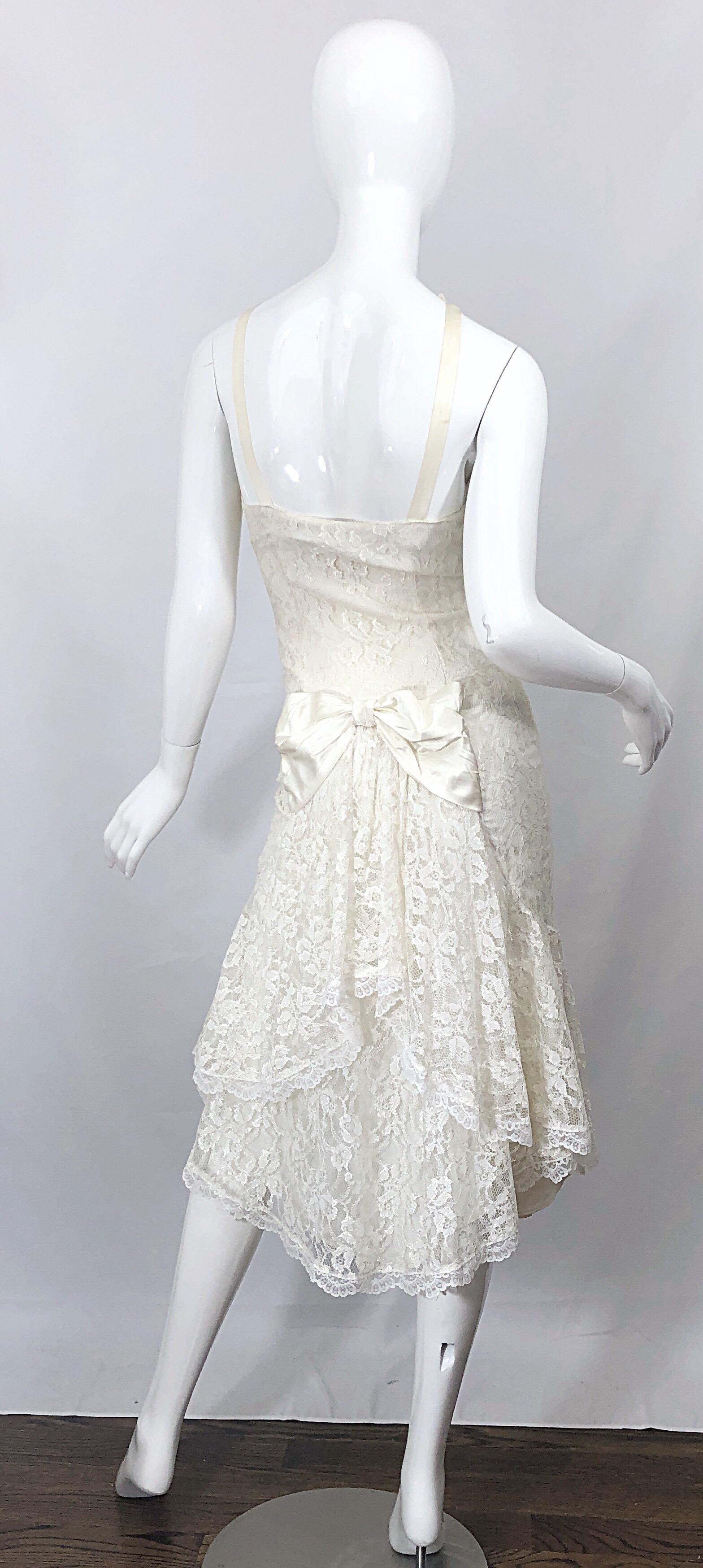 1980s Samir Ivory White Lace Handkerchief Hem Embroidered Vintage 80s Dress For Sale 3