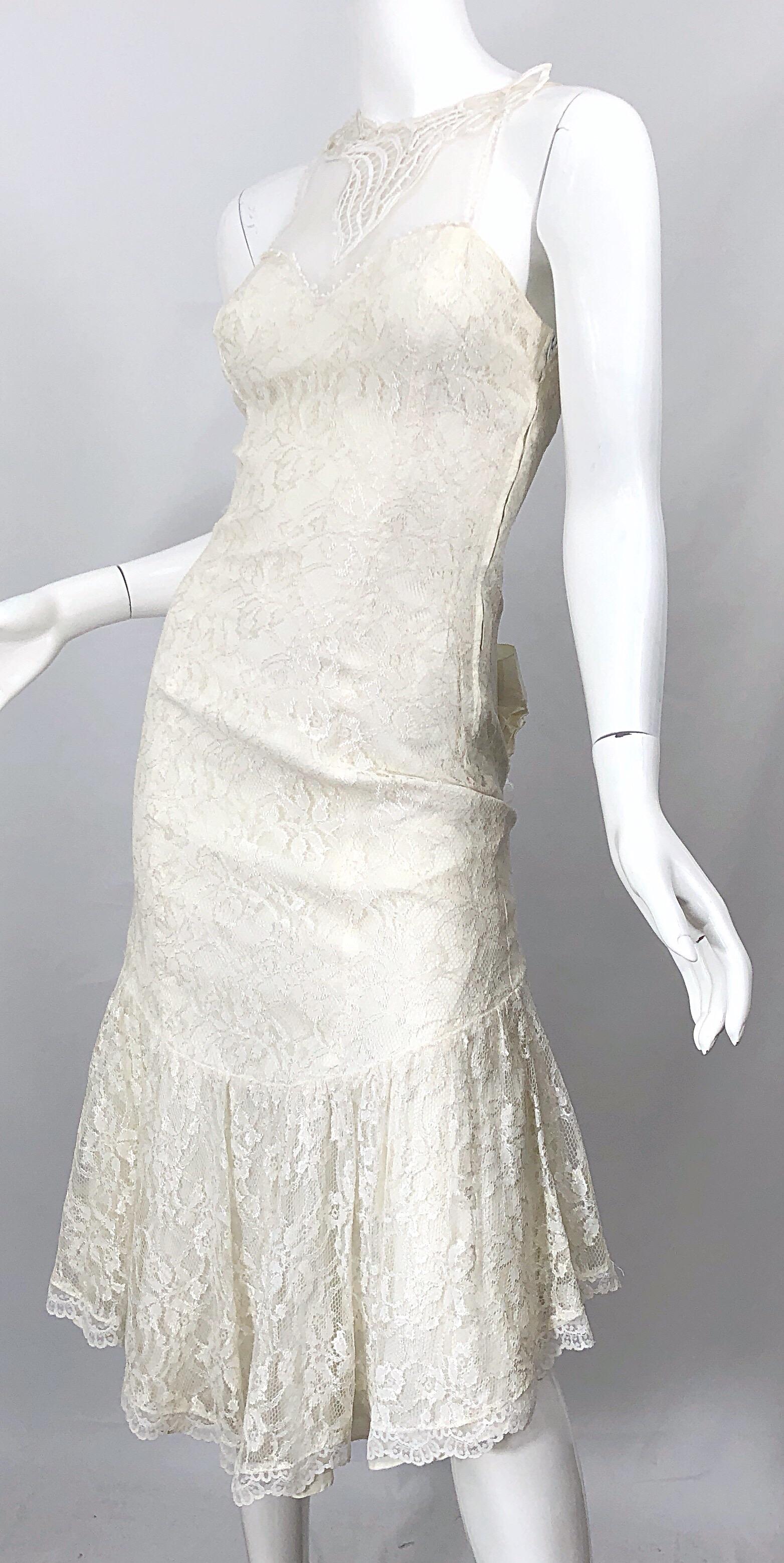 1980s Samir Ivory White Lace Handkerchief Hem Embroidered Vintage 80s Dress For Sale 4