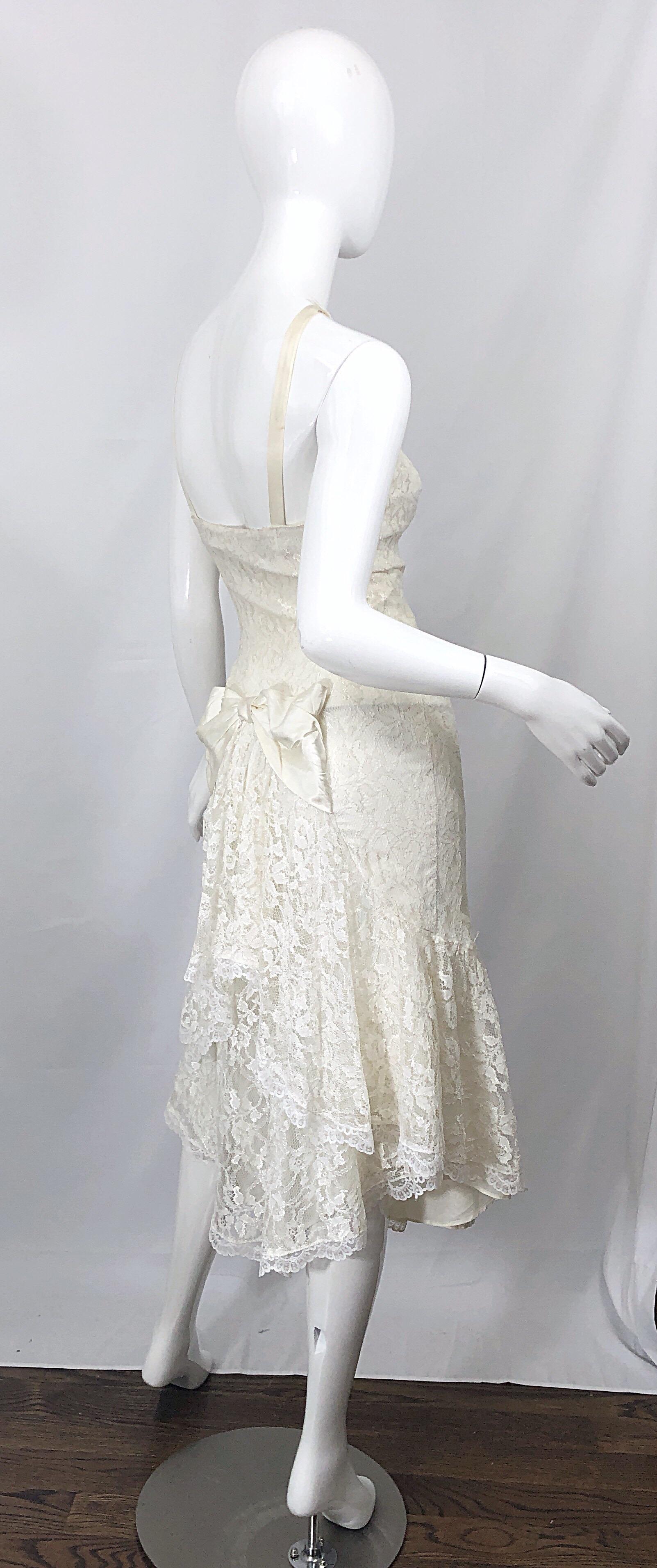 1980s Samir Ivory White Lace Handkerchief Hem Embroidered Vintage 80s Dress For Sale 5