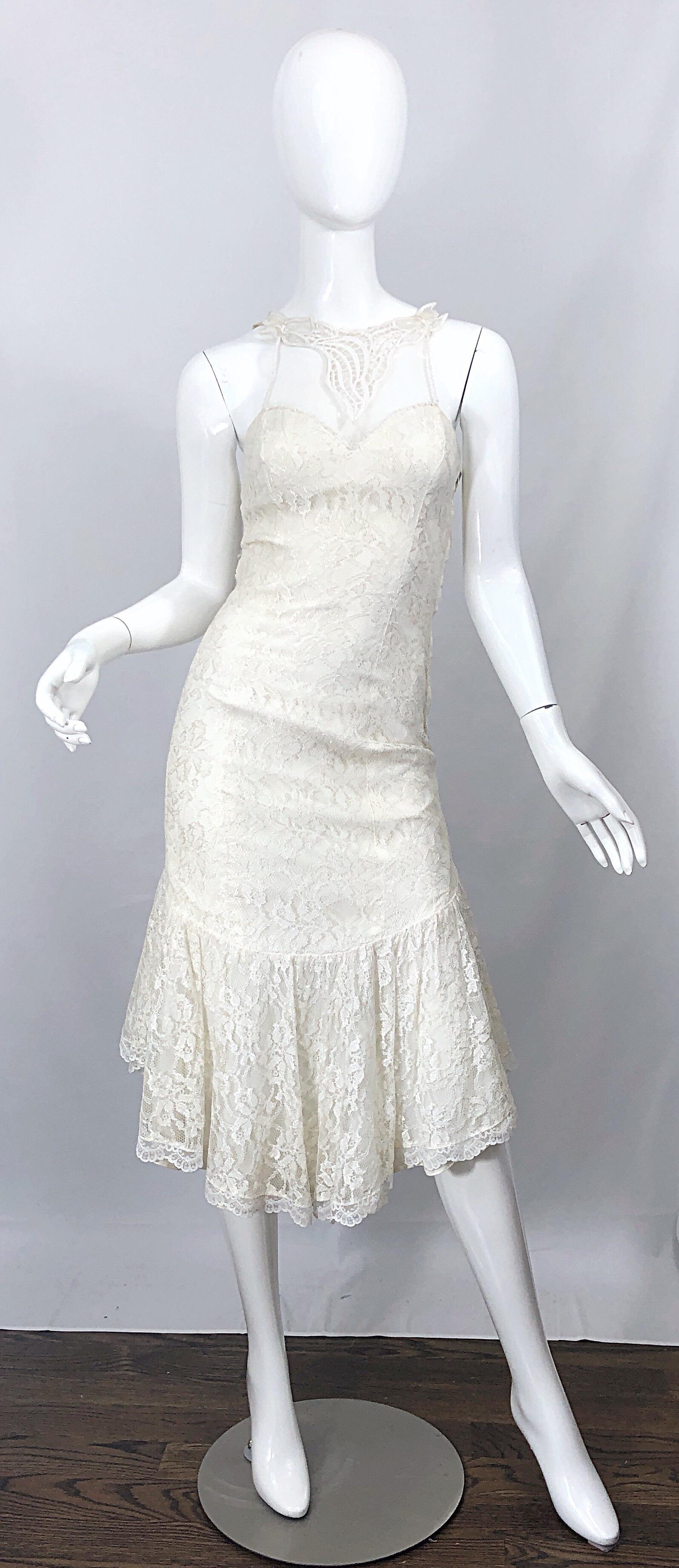 1980s Samir Ivory White Lace Handkerchief Hem Embroidered Vintage 80s Dress For Sale 6