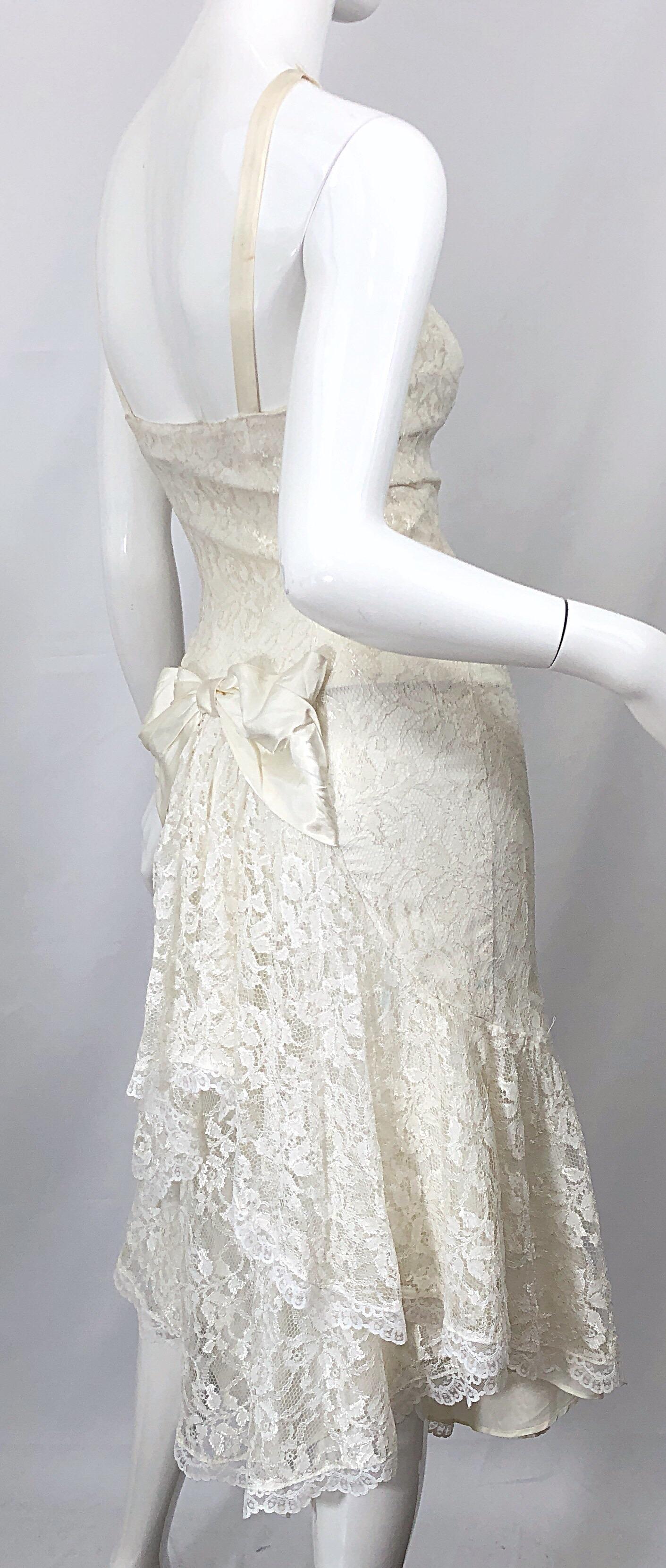 Women's 1980s Samir Ivory White Lace Handkerchief Hem Embroidered Vintage 80s Dress For Sale