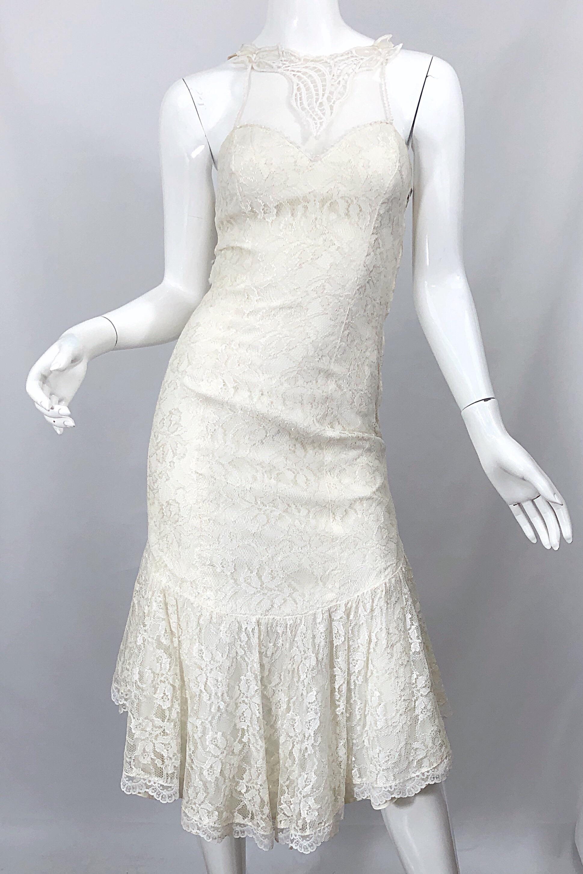 1980s Samir Ivory White Lace Handkerchief Hem Embroidered Vintage 80s Dress For Sale 1
