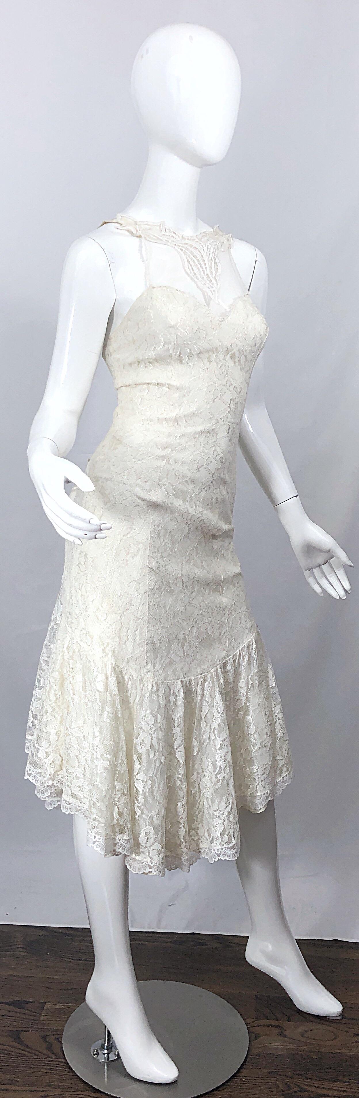 1980s Samir Ivory White Lace Handkerchief Hem Embroidered Vintage 80s Dress For Sale 2