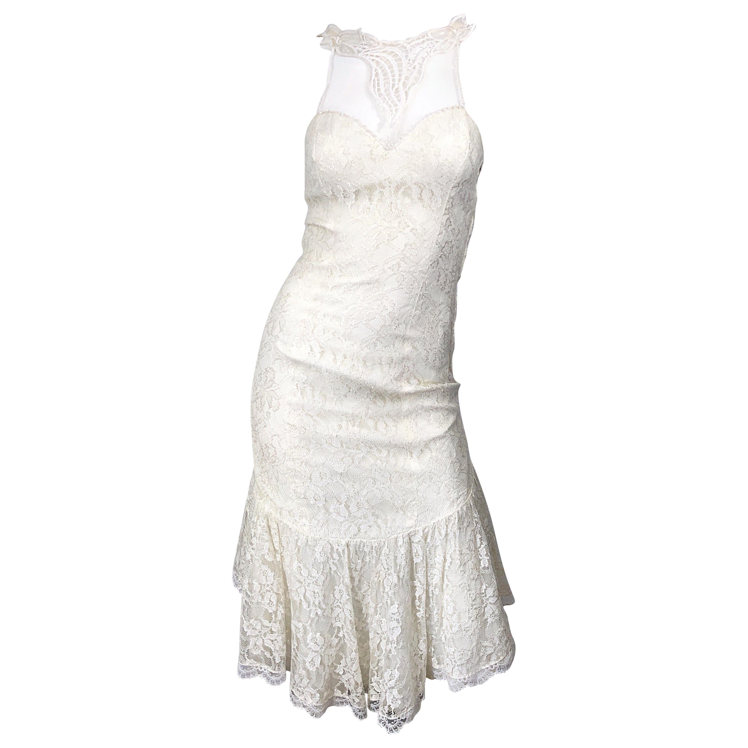 1980s Samir Ivory White Lace Handkerchief Hem Embroidered Vintage 80s Dress