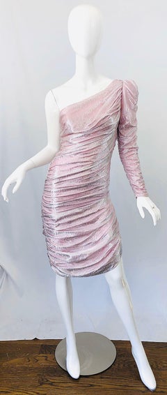 1980s Samir Pink / Silver Metallic Lurex One Shoulder Vintage 80s Ruched Dress