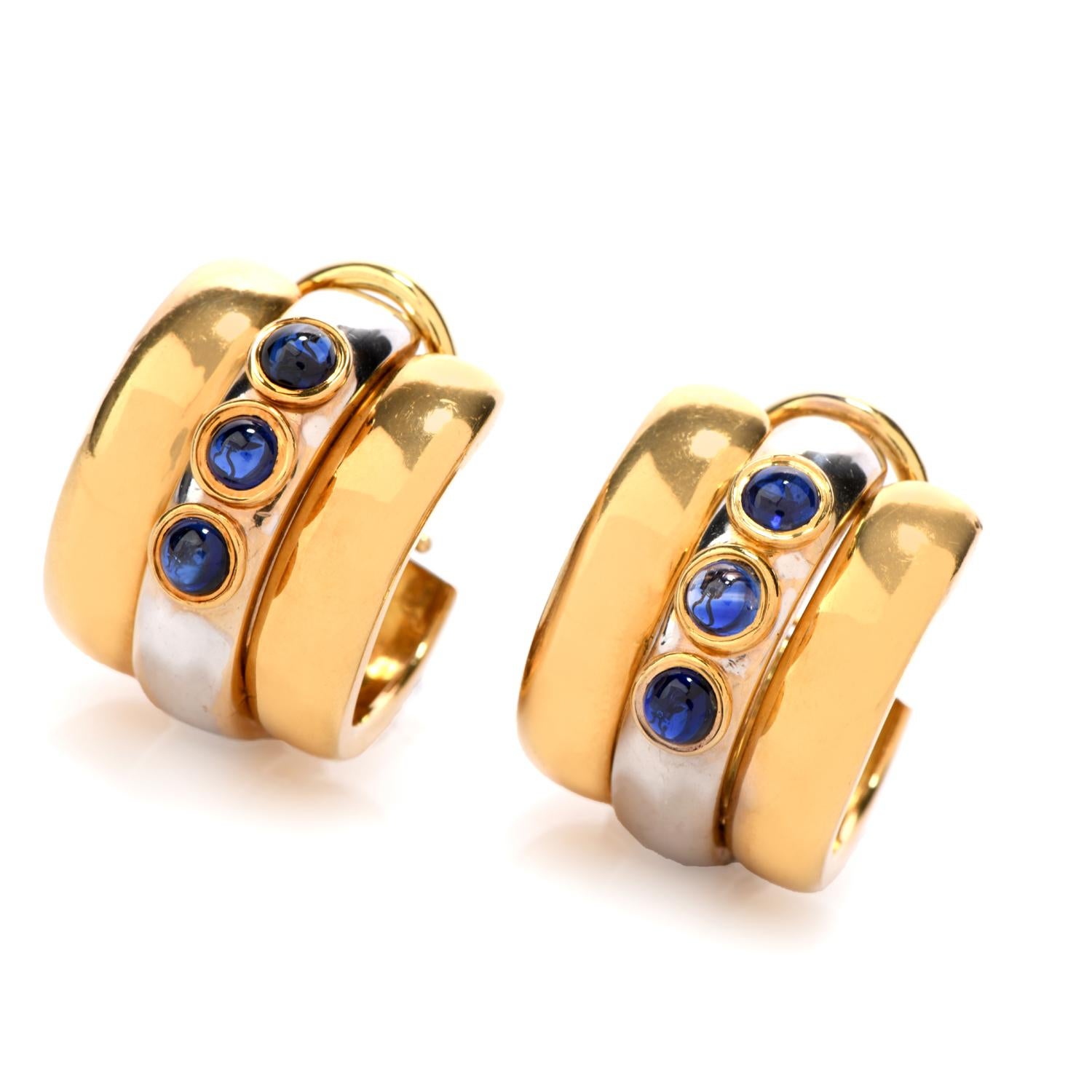 Add these simply precious Vintage 18K Gold Two Tone Cabochon Clip On Hoop Earrings to your collection!  These earrings

are crafted in 18 karat yellow and white gold, forming three rows.  Six genuine blue sapphires of round cabochon shape

and bezel