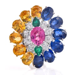 1980s GIA Sapphire 8.70cts Diamond Platinum 18K Gold Cluster Cocktail Ring