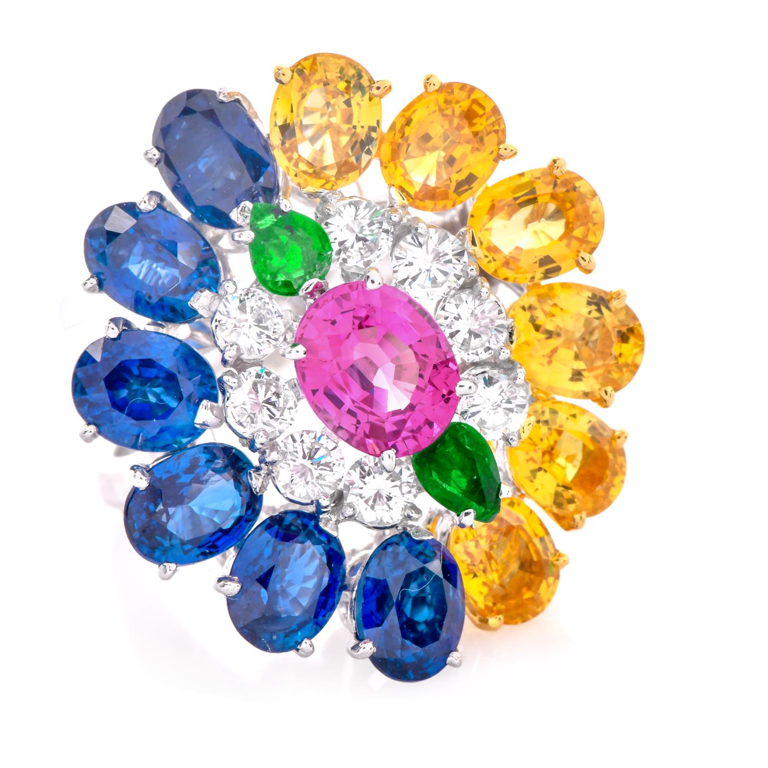 1980s GIA Sapphire 8.70cts Diamond Platinum 18K Gold Cluster Cocktail Ring In Excellent Condition For Sale In Miami, FL
