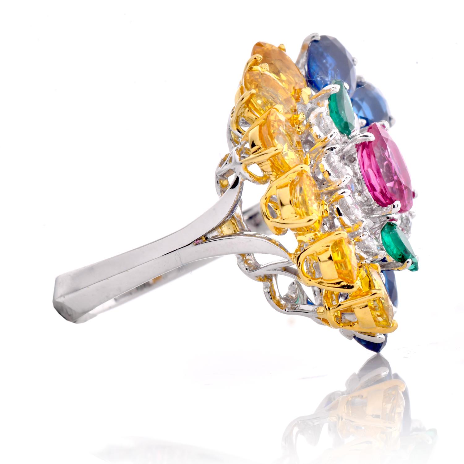 Women's or Men's 1980s GIA Sapphire 8.70cts Diamond Platinum 18K Gold Cluster Cocktail Ring For Sale