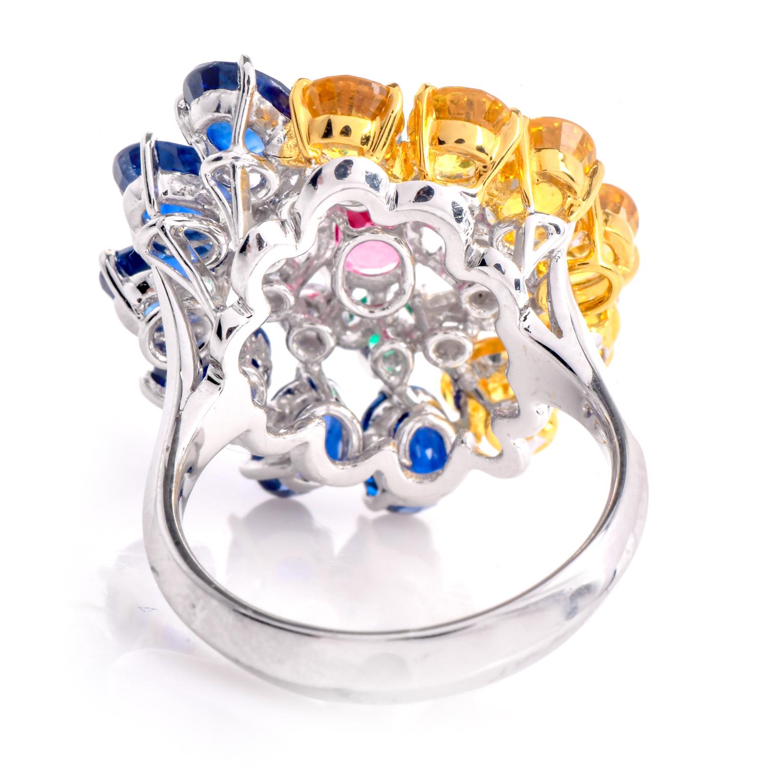 1980s GIA Sapphire 8.70cts Diamond Platinum 18K Gold Cluster Cocktail Ring For Sale 1