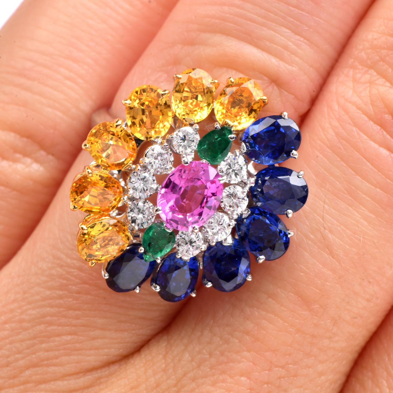 1980s GIA Sapphire 8.70cts Diamond Platinum 18K Gold Cluster Cocktail Ring For Sale 2