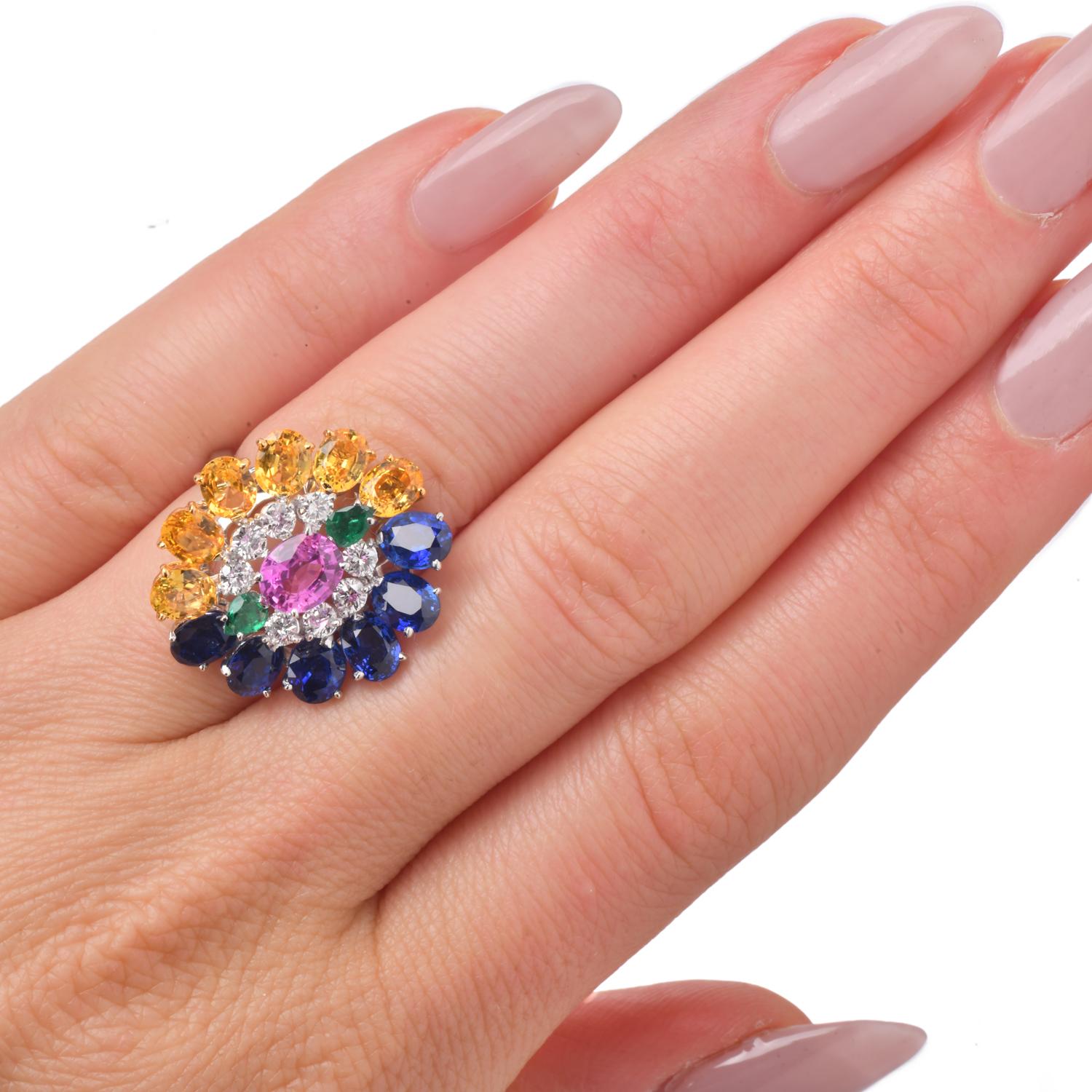 Oval Cut 1980s GIA Sapphire 8.70cts Diamond Platinum 18K Gold Cluster Cocktail Ring For Sale