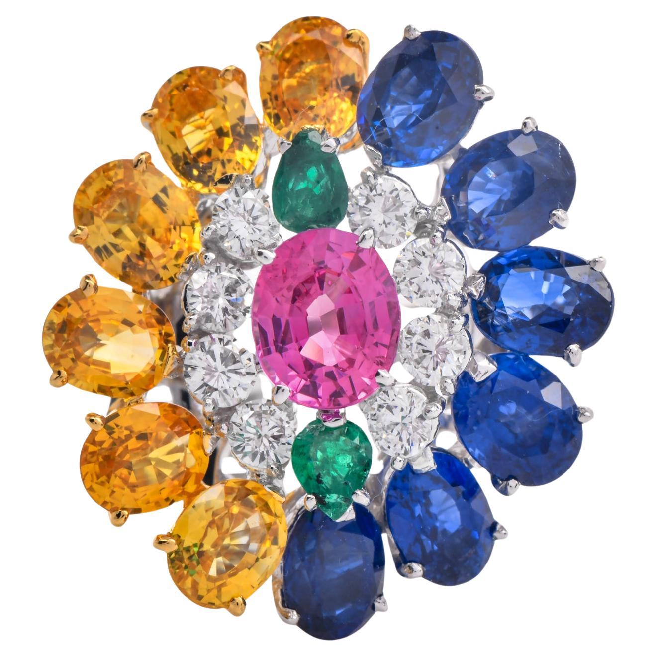 1980s GIA Sapphire 8.70cts Diamond Platinum 18K Gold Cluster Cocktail Ring